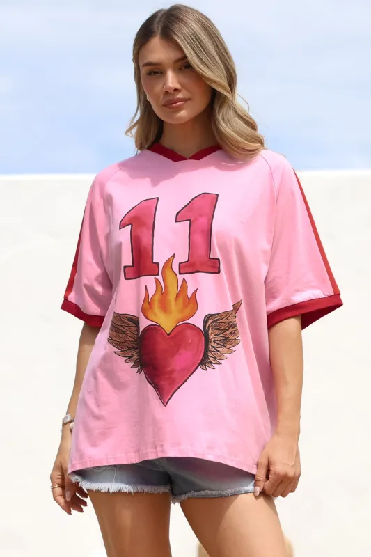 Pink 11 Tee - Graphic Print Short Sleeve T-Shirt with Racer Stripe Sleeves in Pink sold by Salty Crush