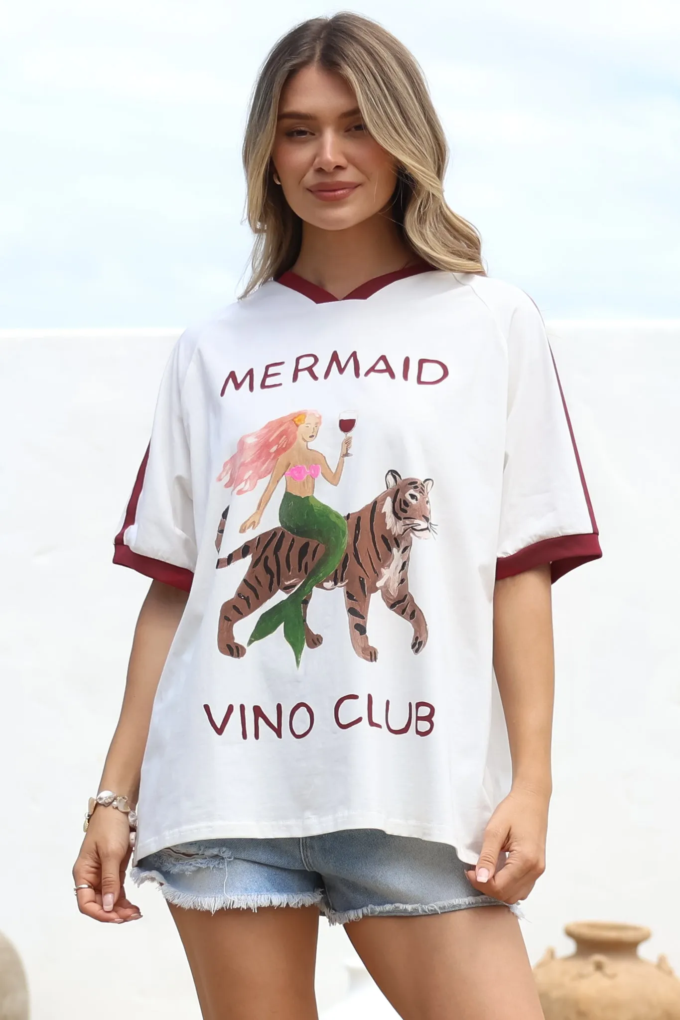 Mermaid Vino Club Tee - Graphic Print Short Sleeve T-Shirt with Racer Stripe Sleeves in White sold by Salty Crush