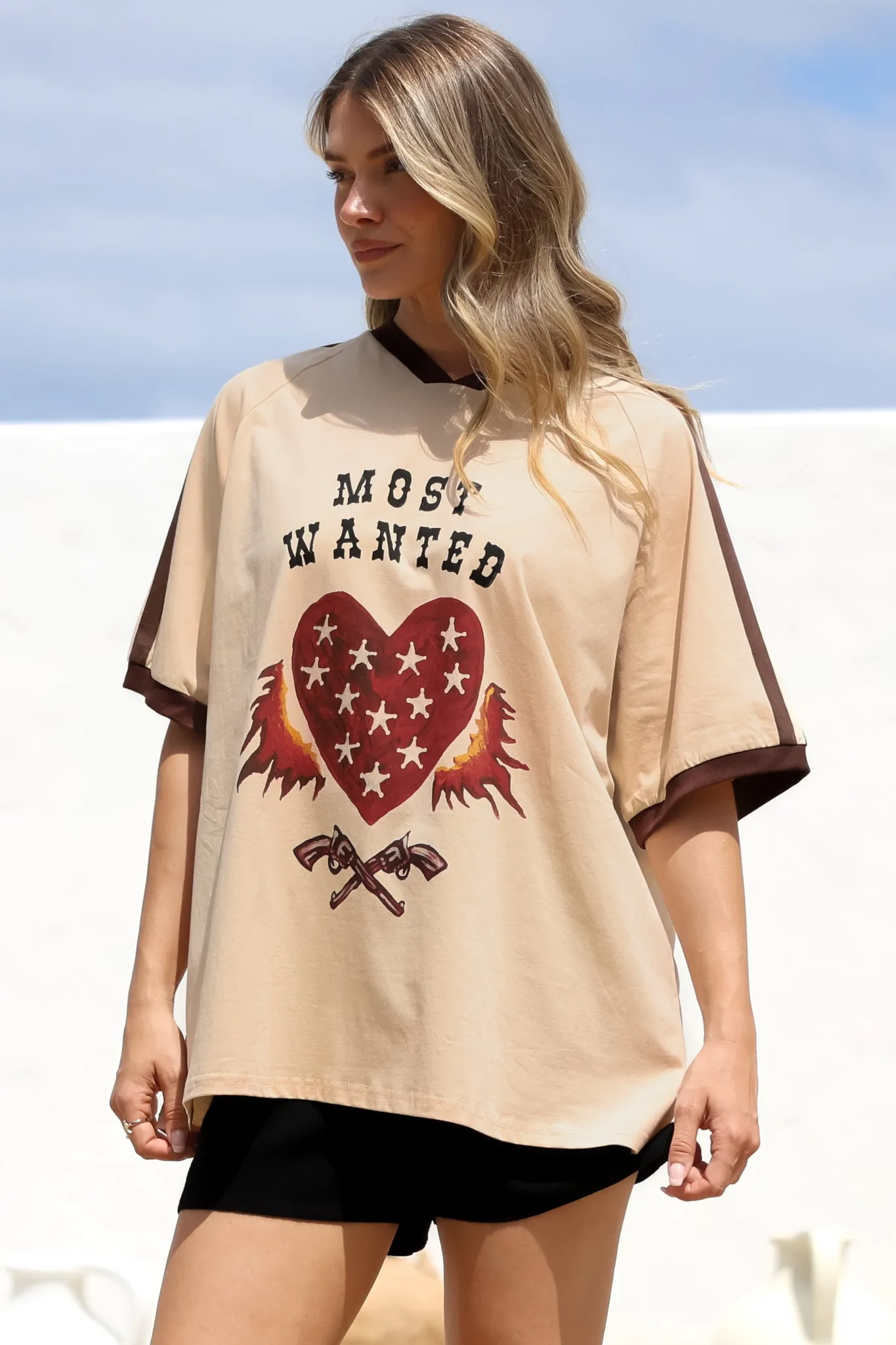Most Wanted Tee - Graphic Print Short Sleeve T-Shirt with Racer Stripe Sleeves in Beige sold by Salty Crush product image thumbnail 3