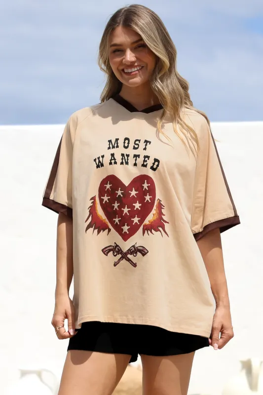 Most Wanted Tee - Graphic Print Short Sleeve T-Shirt with Racer Stripe Sleeves in Beige sold by Salty Crush