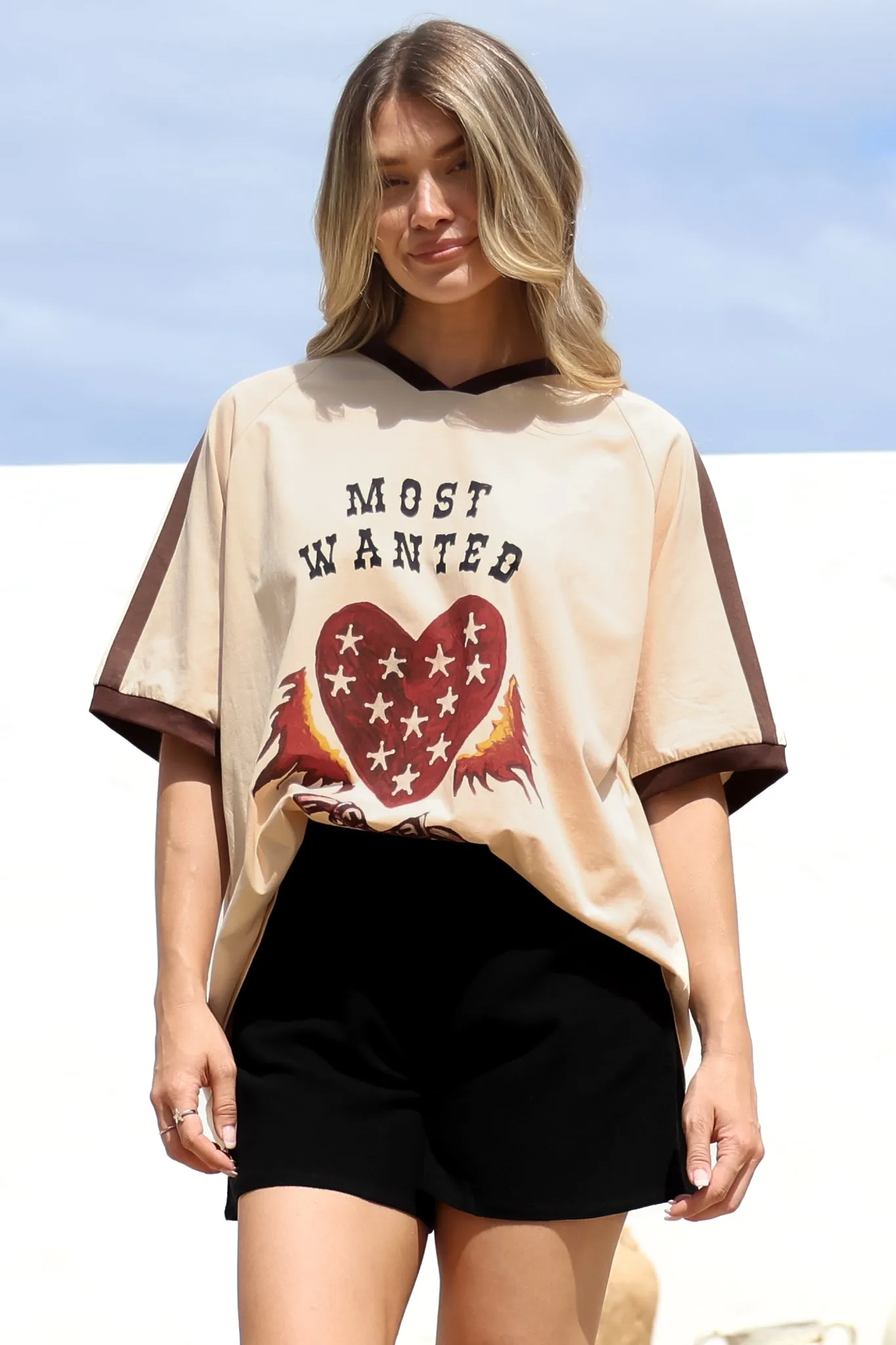 Most Wanted Tee - Graphic Print Short Sleeve T-Shirt with Racer Stripe Sleeves in Beige sold by Salty Crush product image thumbnail 4