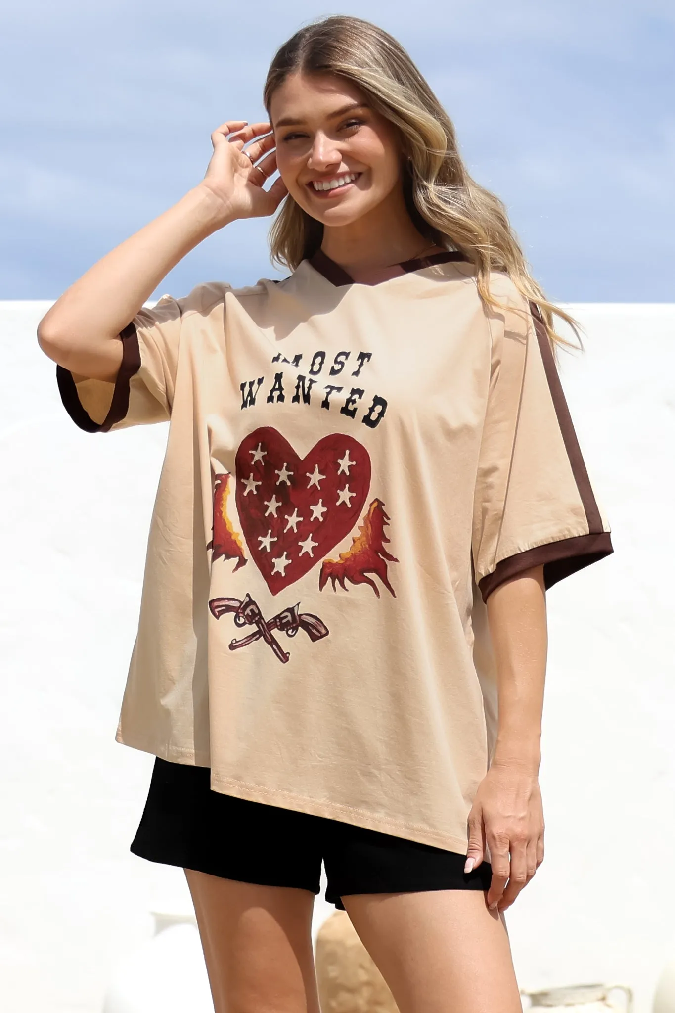 Most Wanted Tee - Graphic Print Short Sleeve T-Shirt with Racer Stripe Sleeves in Beige sold by Salty Crush product image thumbnail 5