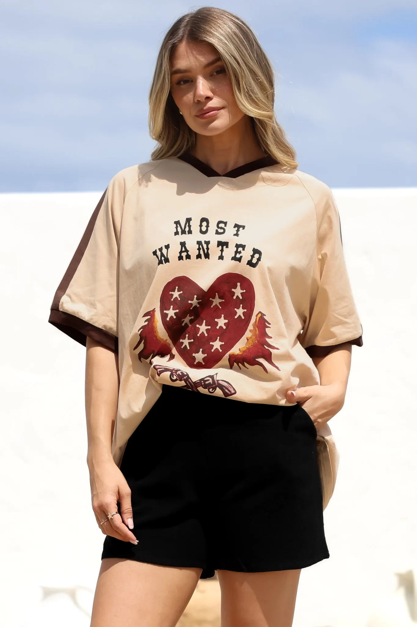 Most Wanted Tee - Graphic Print Short Sleeve T-Shirt with Racer Stripe Sleeves in Beige sold by Salty Crush product image thumbnail 2