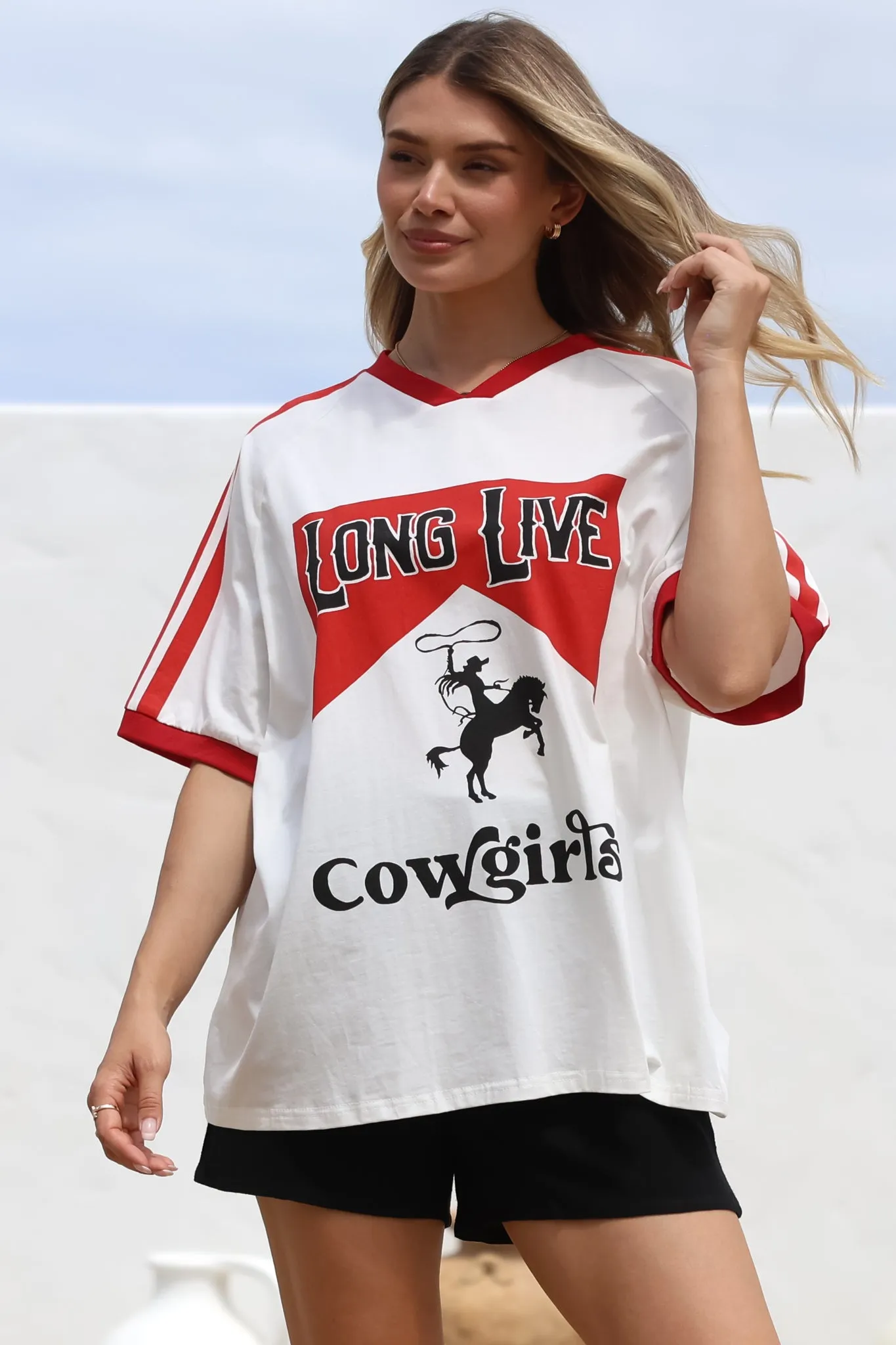 Long Live Cowgirls Tee - Graphic Print Short Sleeve T-Shirt with Racer Stripe Sleeves in White sold by Salty Crush product image thumbnail 5