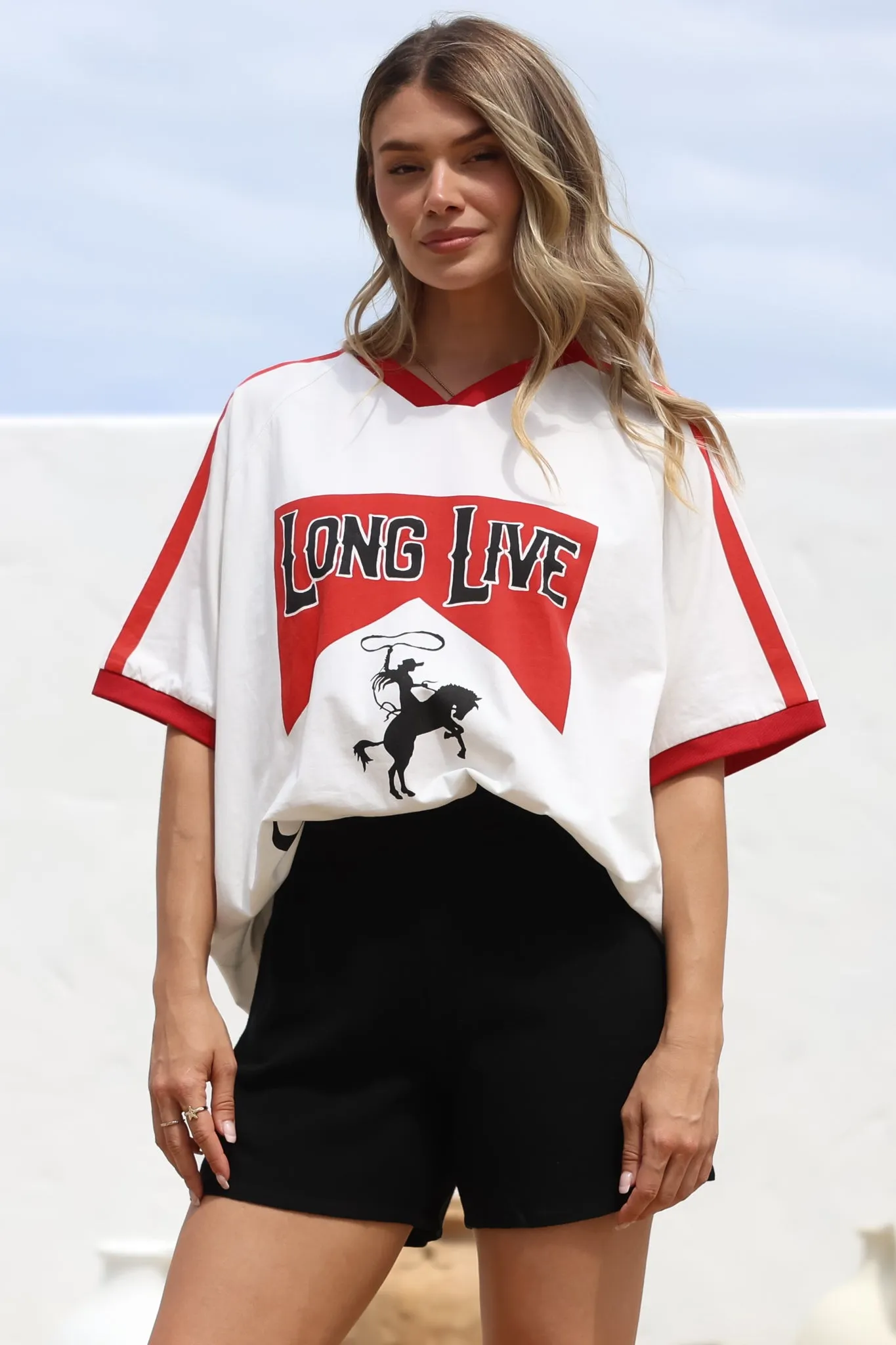 Long Live Cowgirls Tee - Graphic Print Short Sleeve T-Shirt with Racer Stripe Sleeves in White sold by Salty Crush product image thumbnail 4