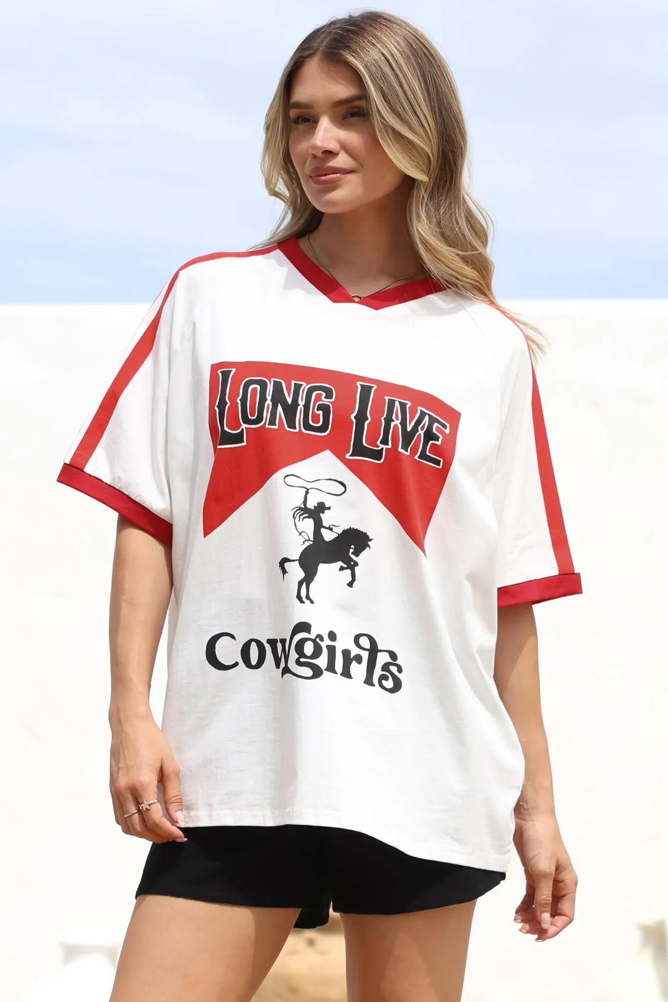 Long Live Cowgirls Tee - Graphic Print Short Sleeve T-Shirt with Racer Stripe Sleeves in White sold by Salty Crush