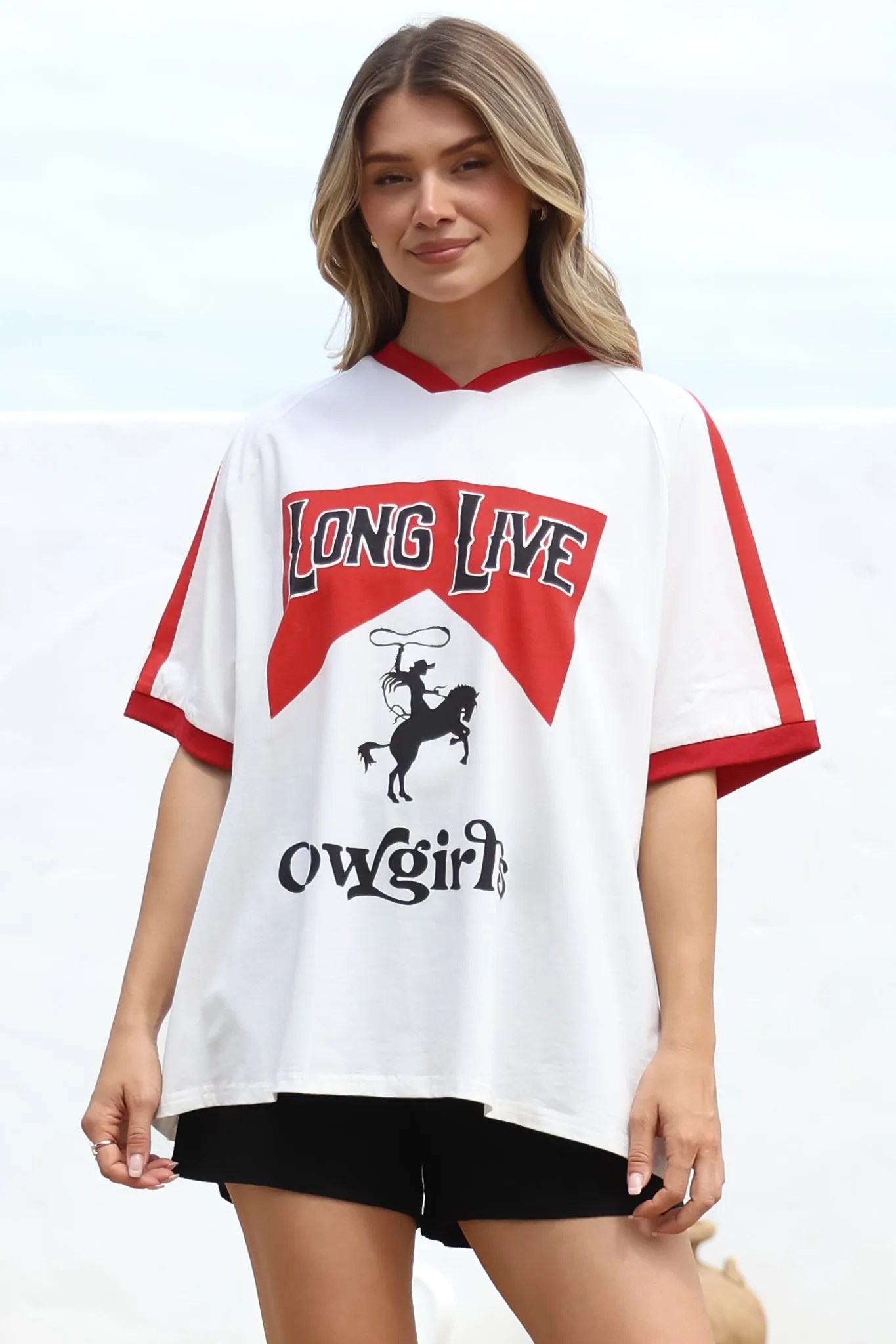 Long Live Cowgirls Tee - Graphic Print Short Sleeve T-Shirt with Racer Stripe Sleeves in White sold by Salty Crush product image thumbnail 3