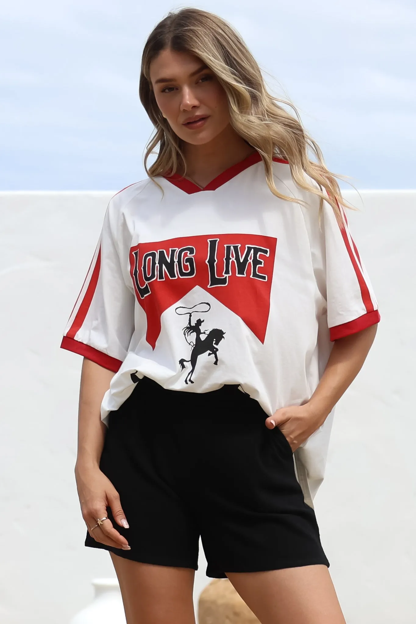 Long Live Cowgirls Tee - Graphic Print Short Sleeve T-Shirt with Racer Stripe Sleeves in White sold by Salty Crush product image thumbnail 2
