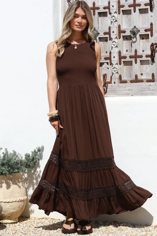 Irene Maxi Dress - Sleeveless Shirred Bodice Dress with Lace Inserts in Chocolate sold by Salty Crush