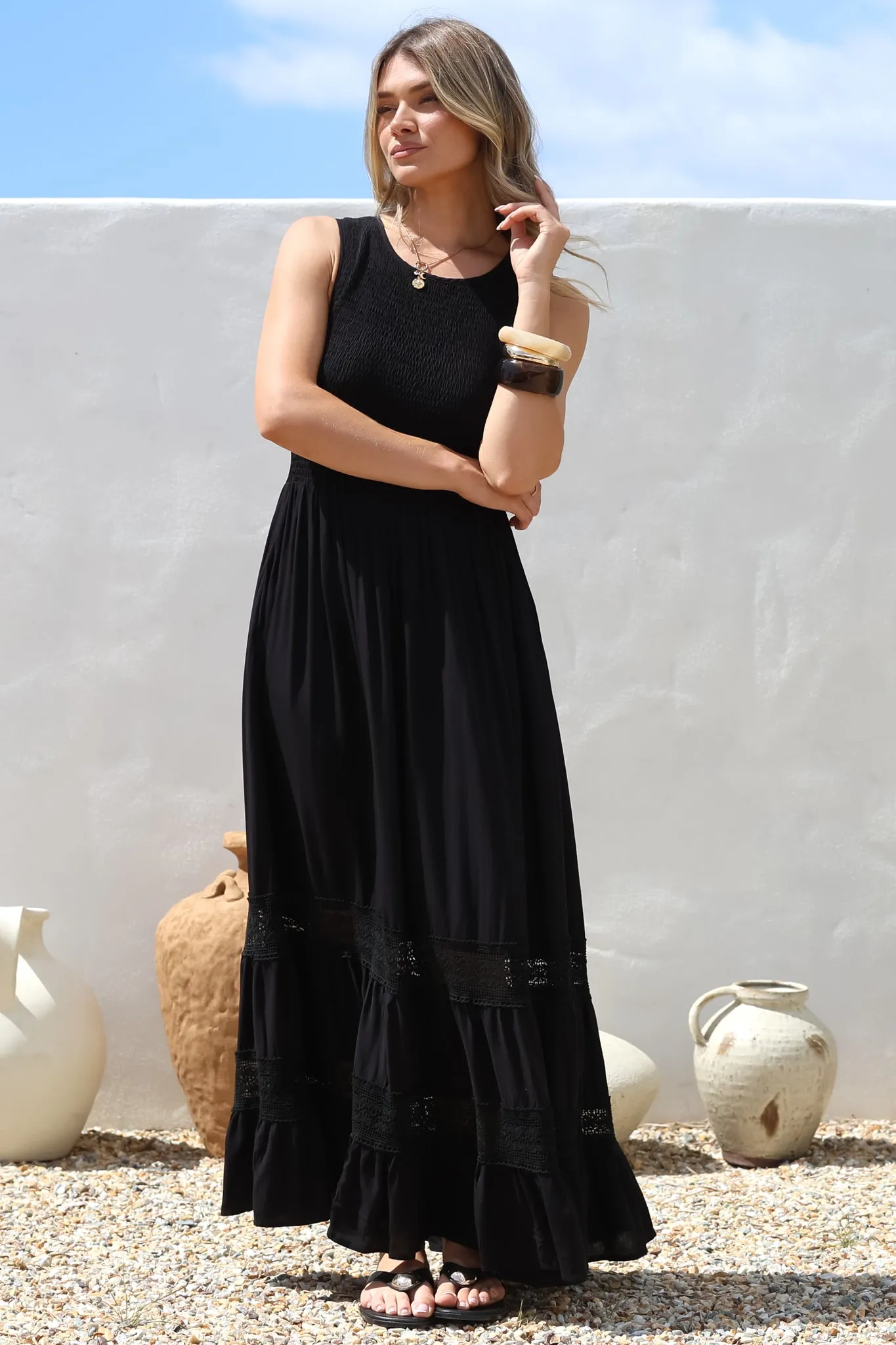 Irene Maxi Dress - Sleeveless Shirred Bodice Dress with Lace Inserts in Black sold by Salty Crush product image thumbnail 5