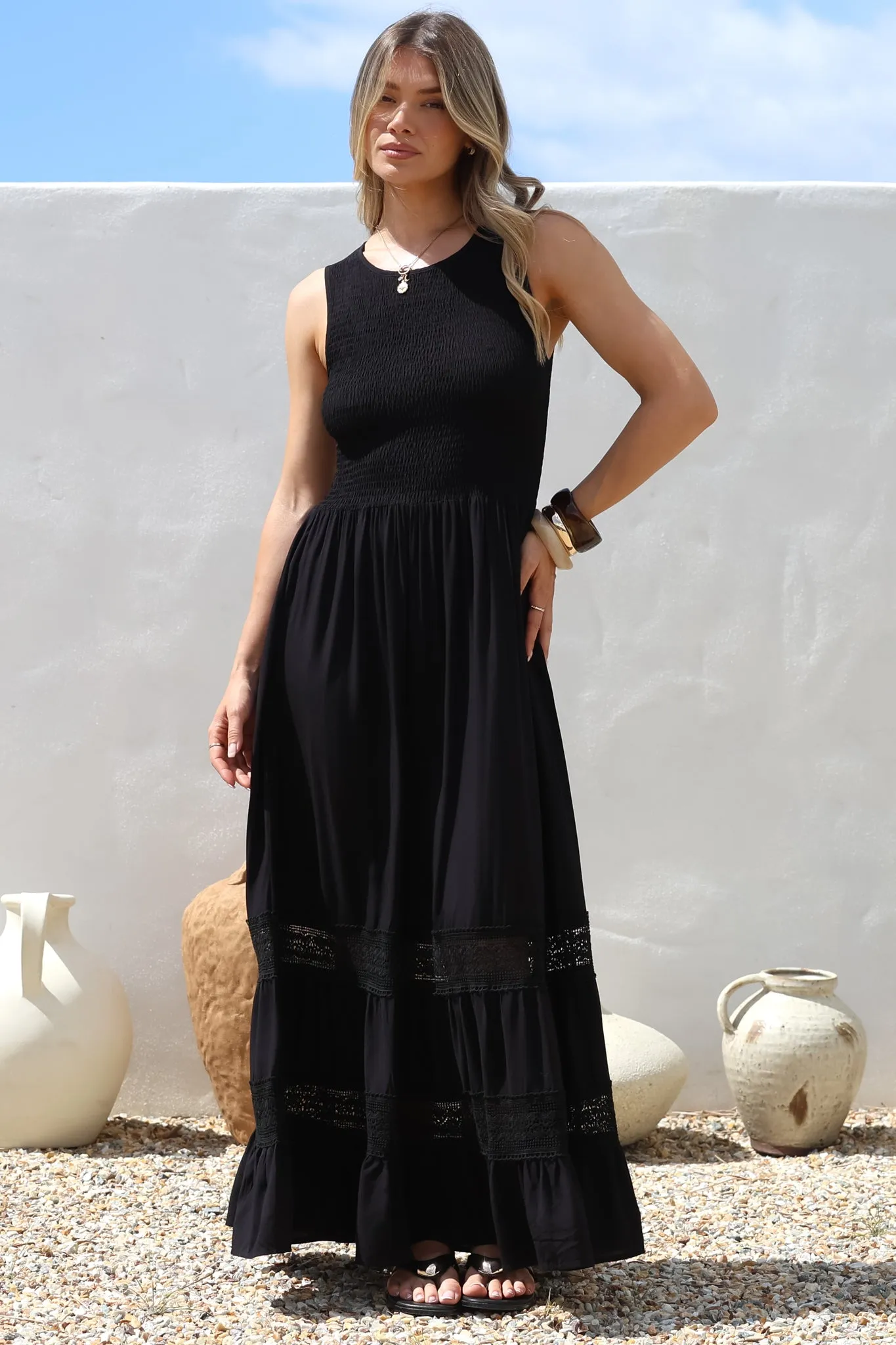 Irene Maxi Dress - Sleeveless Shirred Bodice Dress with Lace Inserts in Black sold by Salty Crush product image thumbnail 3