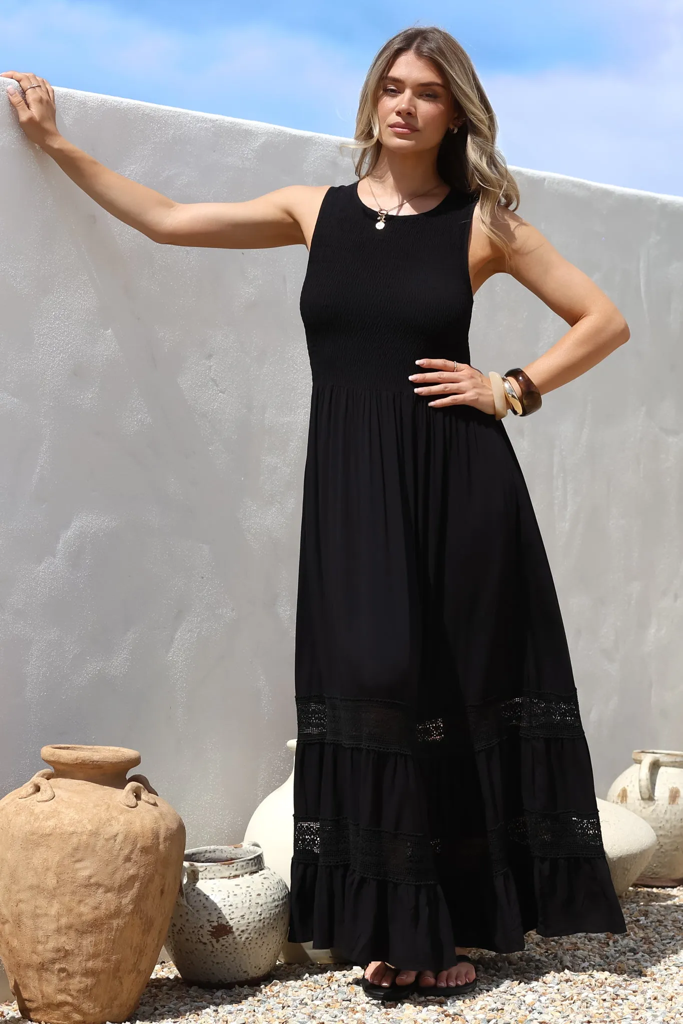 Irene Maxi Dress - Sleeveless Shirred Bodice Dress with Lace Inserts in Black sold by Salty Crush product image thumbnail 2