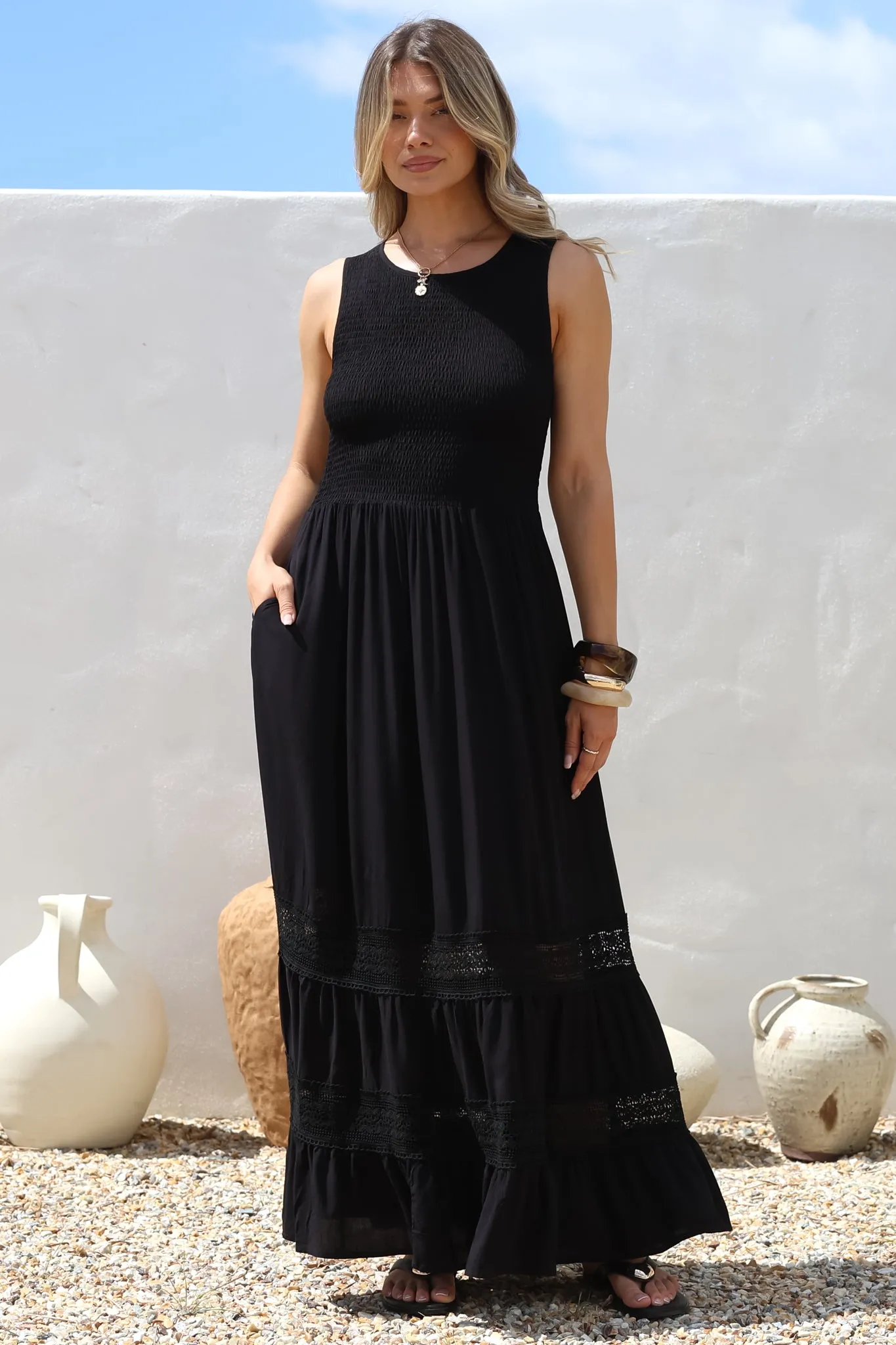 Irene Maxi Dress - Sleeveless Shirred Bodice Dress with Lace Inserts in Black sold by Salty Crush product image thumbnail 4