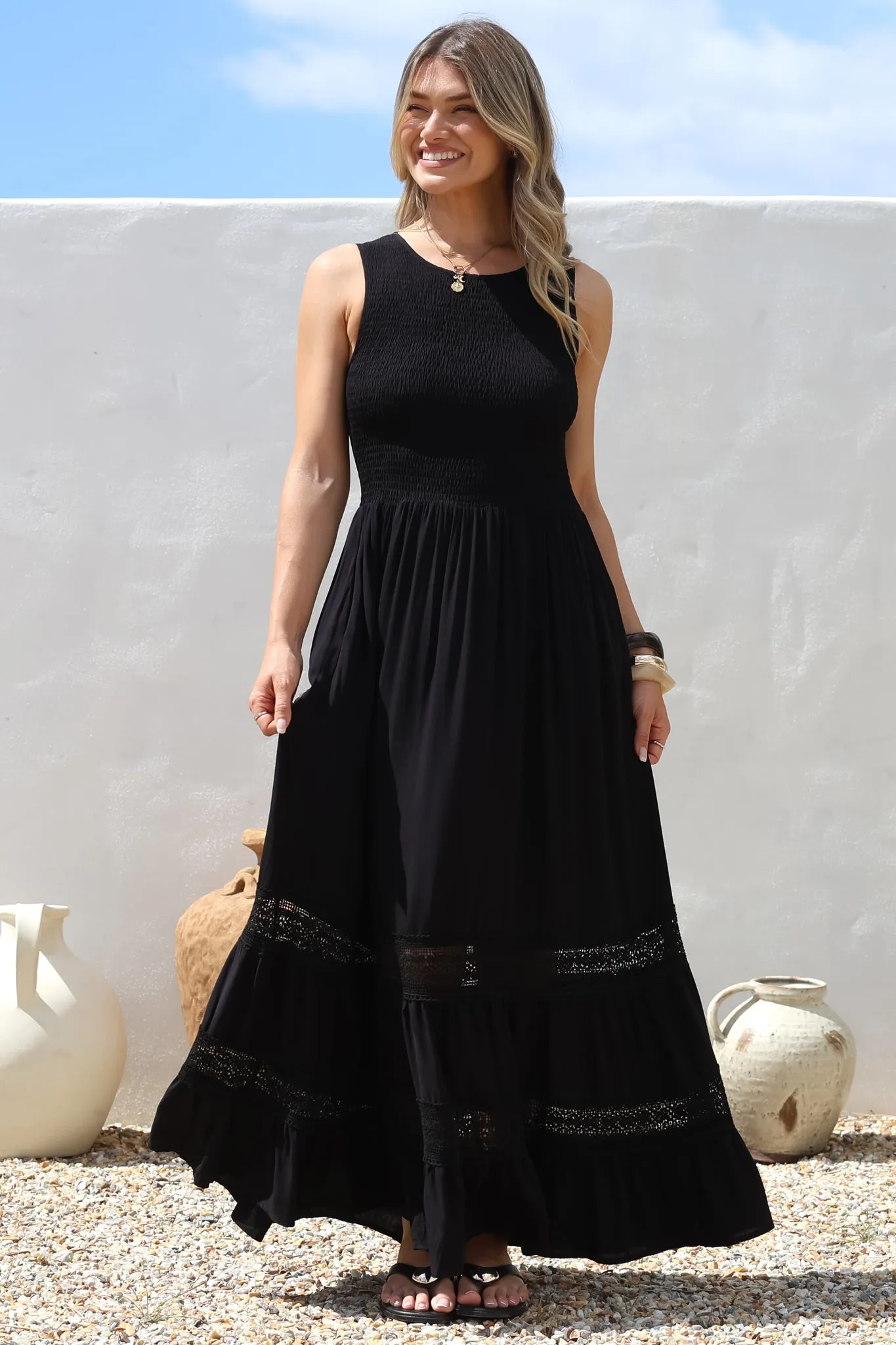 Irene Maxi Dress - Sleeveless Shirred Bodice Dress with Lace Inserts in Black sold by Salty Crush