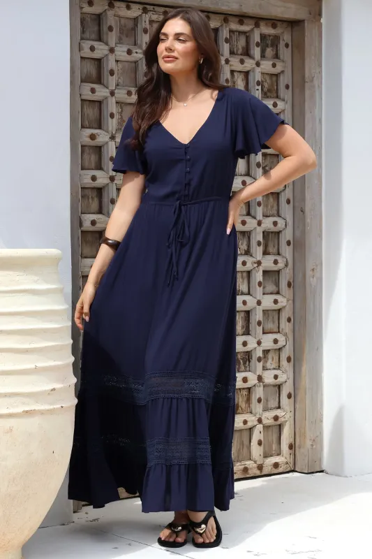 Narissa Maxi Dress - A-Line Dress with Lace Splicing and Flutter Sleeves in Navy sold by Salty Crush
