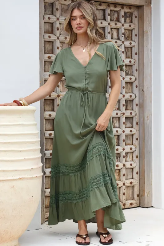 Narissa Maxi Dress - A-Line Dress with Lace Splicing and Flutter Sleeves in Khaki sold by Salty Crush