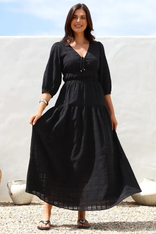 Elise Maxi Dress - Empire Waistline Dress with 3/4 Sleeves in Black sold by Salty Crush