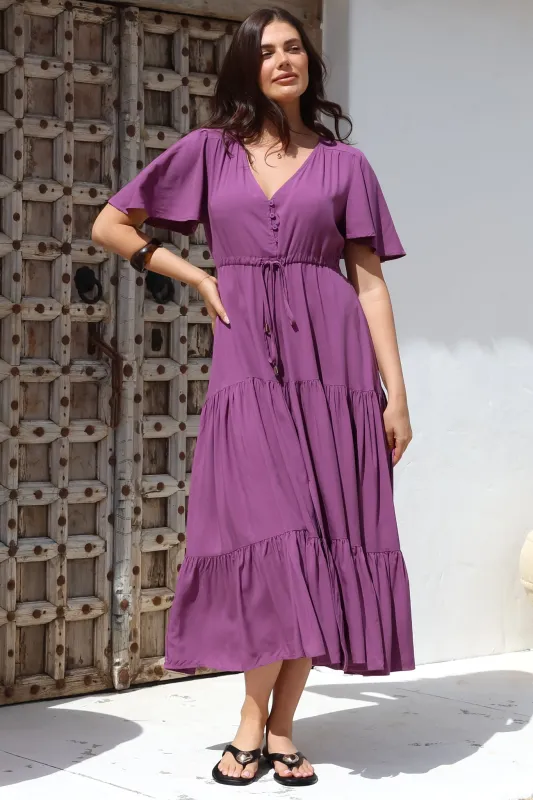 Anya Maxi Dress - Flutter Cap Sleeve Pull Tie Waist Dress in Purple sold by Salty Crush