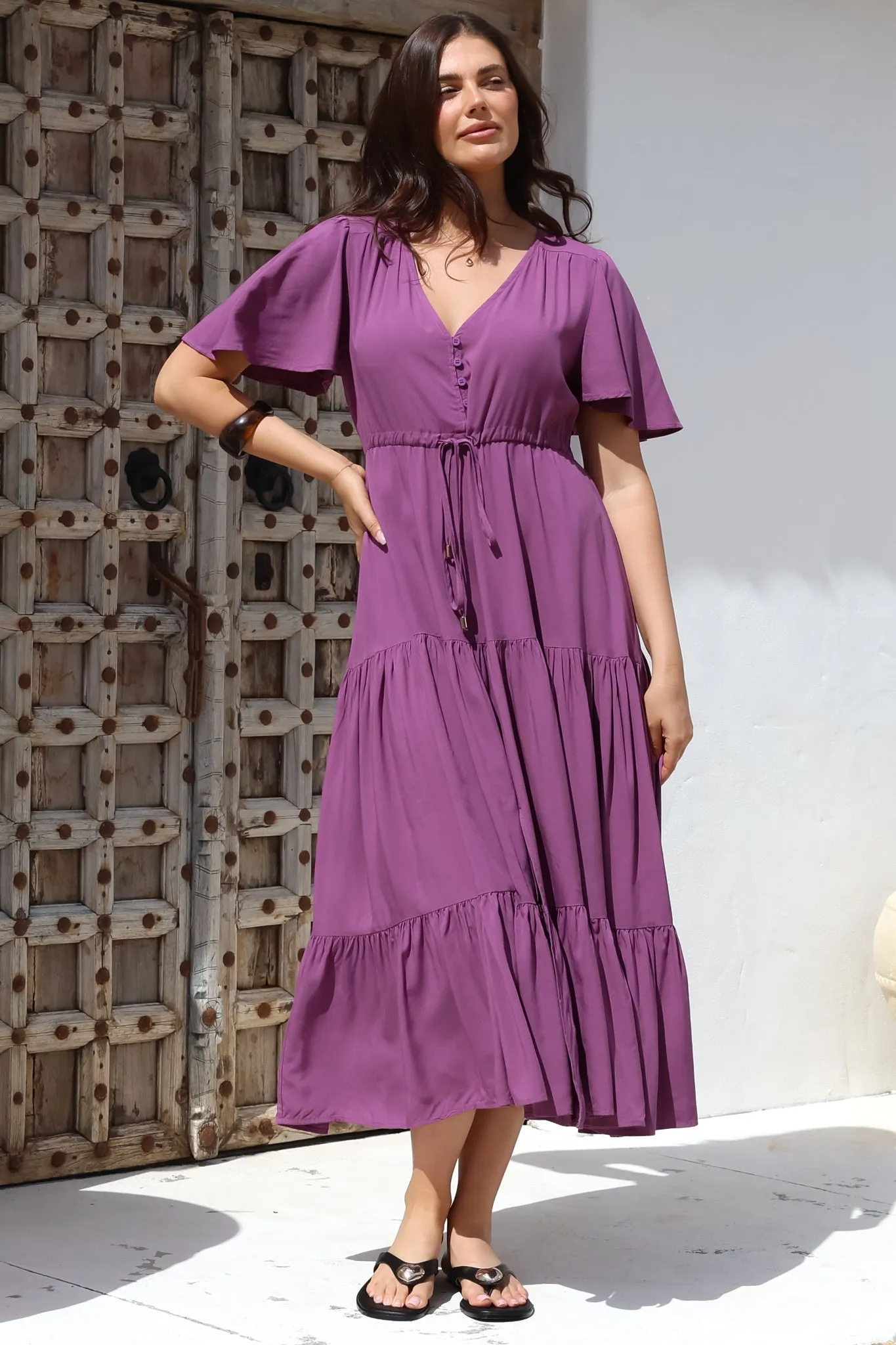 Anya Maxi Dress - Flutter Cap Sleeve Pull Tie Waist Dress in Purple sold by Salty Crush