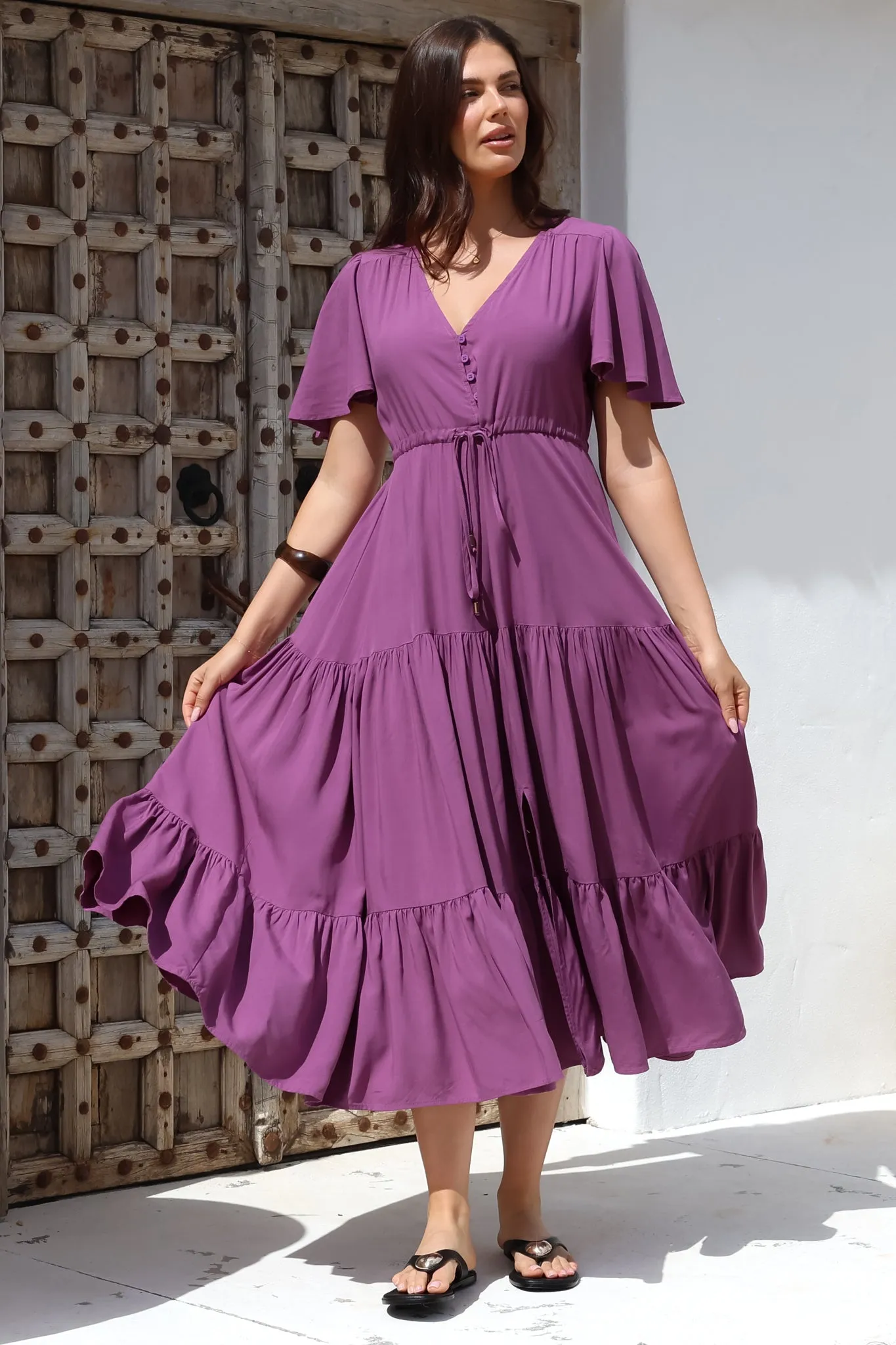 Anya Maxi Dress - Flutter Cap Sleeve Pull Tie Waist Dress in Purple sold by Salty Crush product image thumbnail 2
