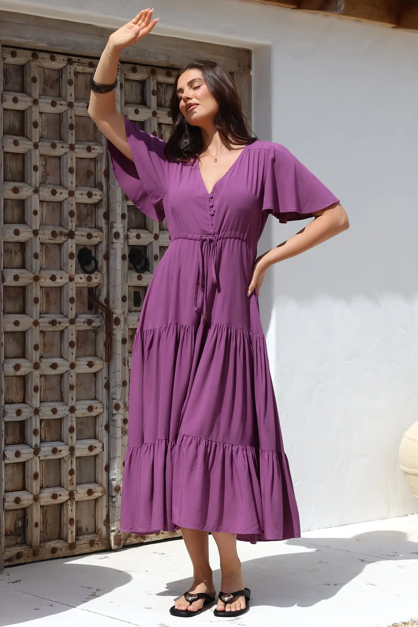 Anya Maxi Dress - Flutter Cap Sleeve Pull Tie Waist Dress in Purple sold by Salty Crush product image thumbnail 5