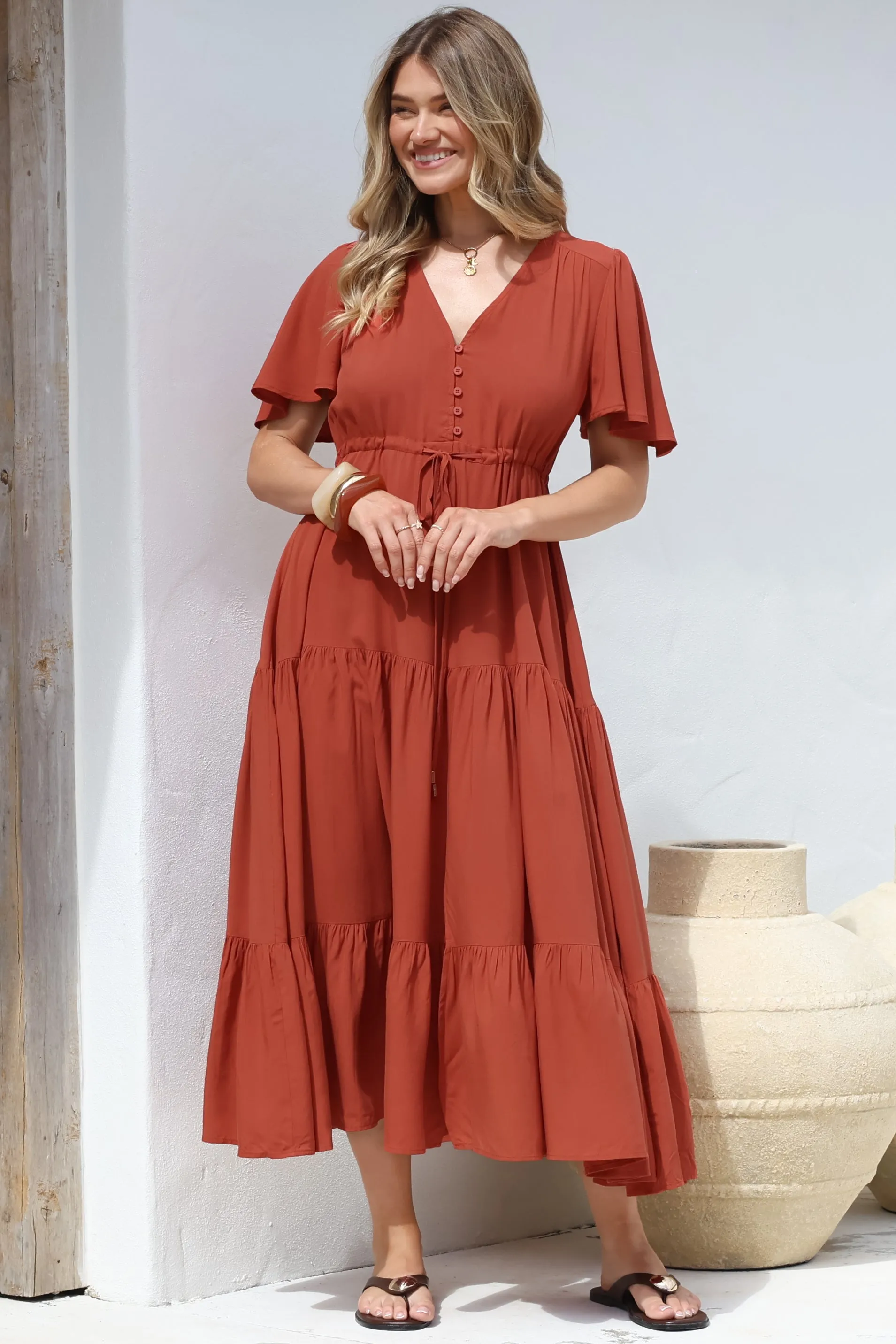 Anya Maxi Dress - Flutter Cap Sleeve Pull Tie Waist Dress in Rust sold by Salty Crush product image thumbnail 3