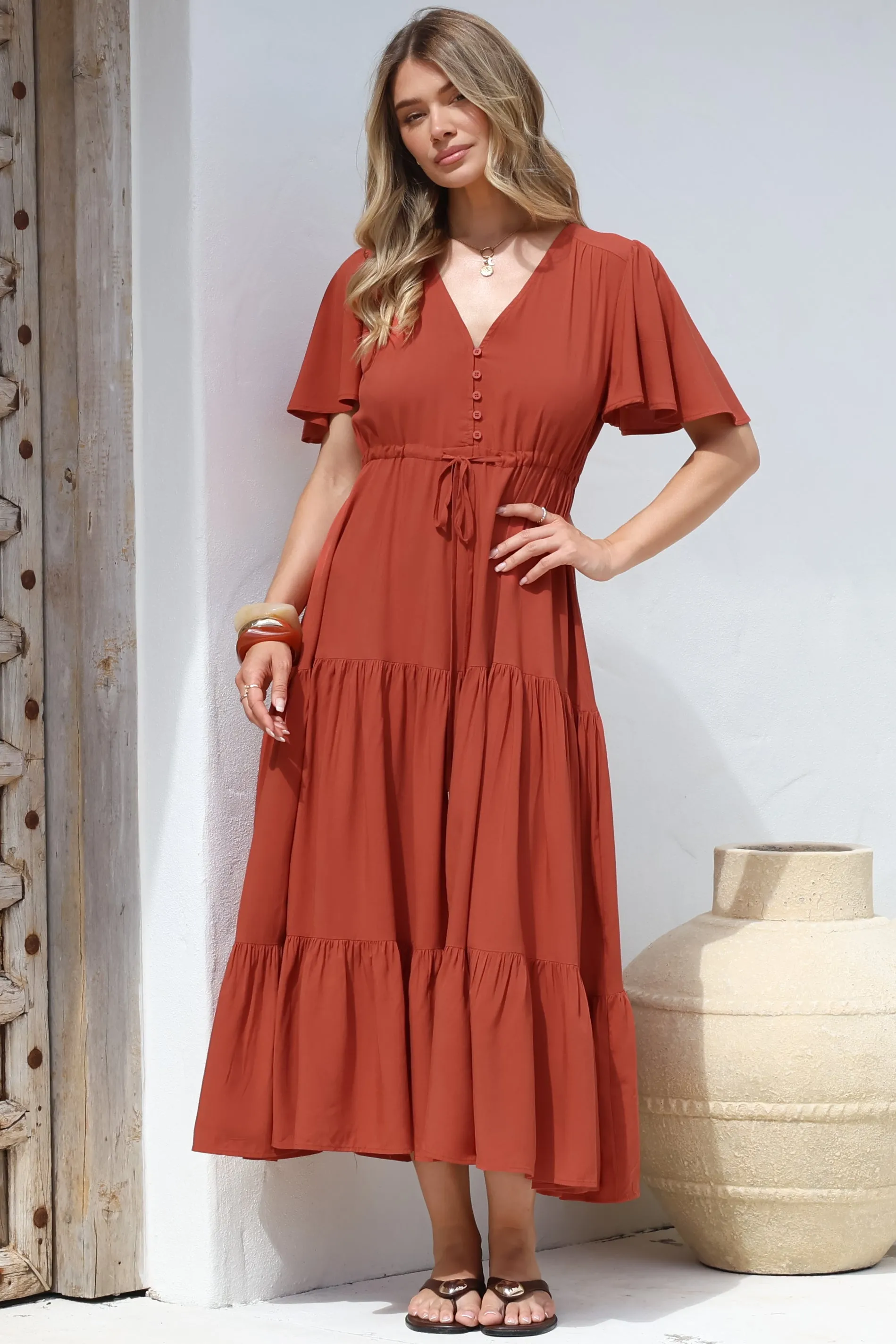 Anya Maxi Dress - Flutter Cap Sleeve Pull Tie Waist Dress in Rust sold by Salty Crush