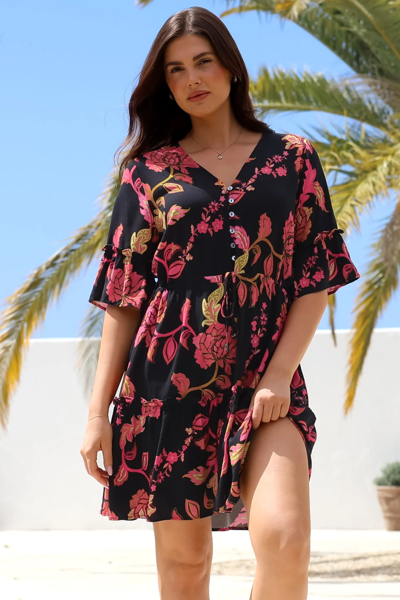 Kyra Mini Dress - Tiered V-Neck Dress with Pull Tie Waist in Valerie Print sold by Salty Crush product image thumbnail 2