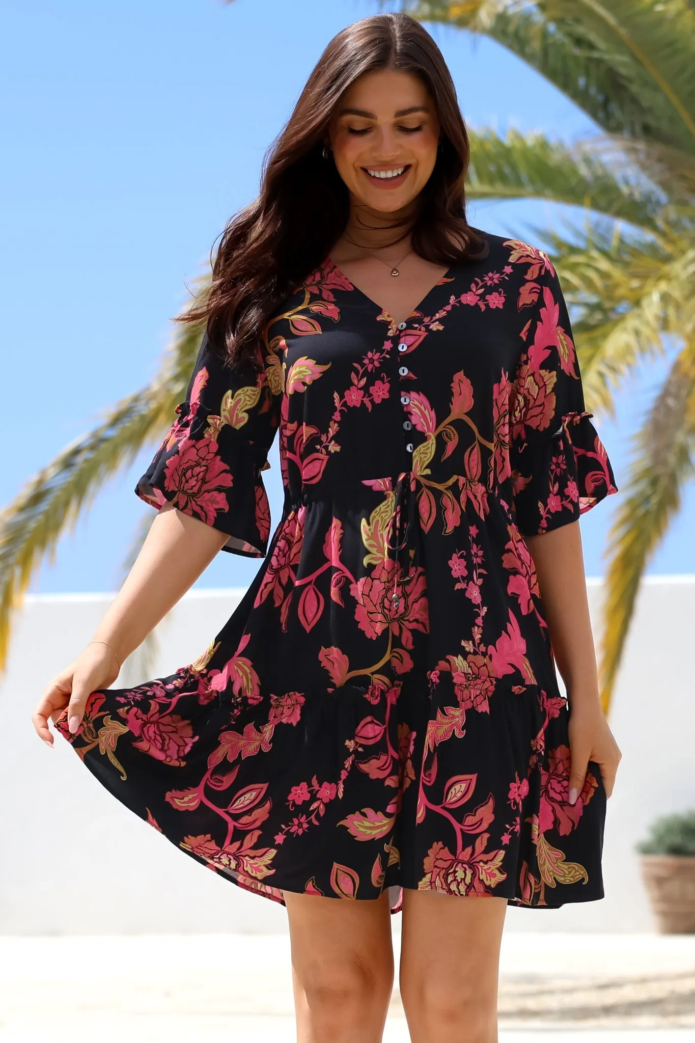 Kyra Mini Dress - Tiered V-Neck Dress with Pull Tie Waist in Valerie Print sold by Salty Crush product image thumbnail 3