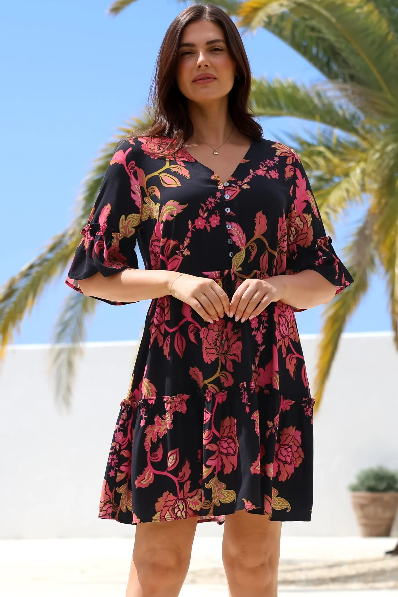 Kyra Mini Dress - Tiered V-Neck Dress with Pull Tie Waist in Valerie Print sold by Salty Crush product image thumbnail 4