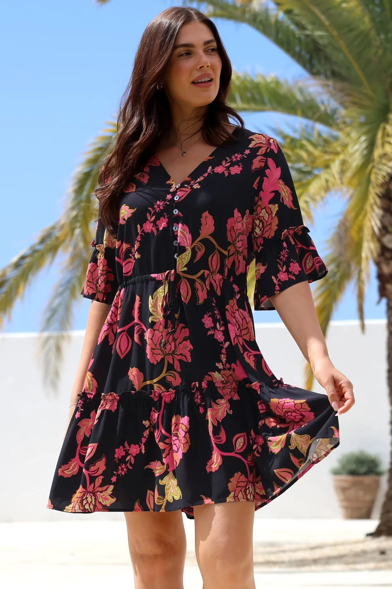 Kyra Mini Dress - Tiered V-Neck Dress with Pull Tie Waist in Valerie Print sold by Salty Crush
