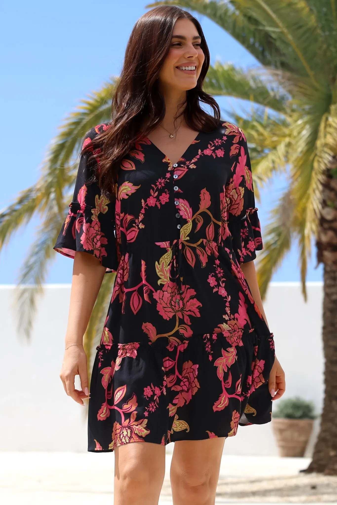 Kyra Mini Dress - Tiered V-Neck Dress with Pull Tie Waist in Valerie Print sold by Salty Crush product image thumbnail 5