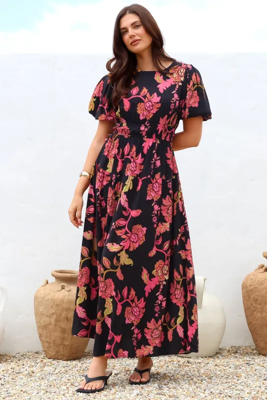 Maeana Maxi Dress - Short Balloon Sleeeve Elasticated Waist A Line Dress in Valerie Print sold by Salty Crush