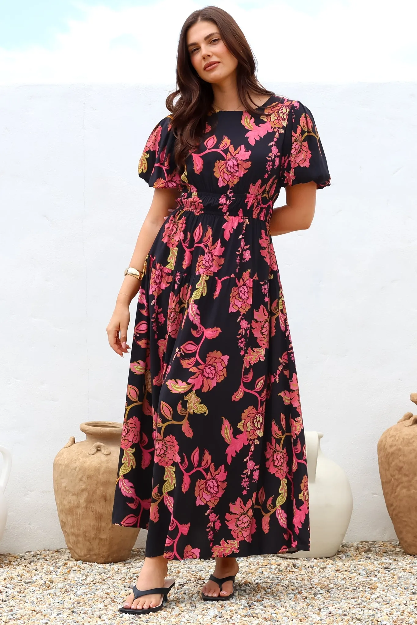 Maeana Maxi Dress - Short Balloon Sleeeve Elasticated Waist A Line Dress in Valerie Print sold by Salty Crush