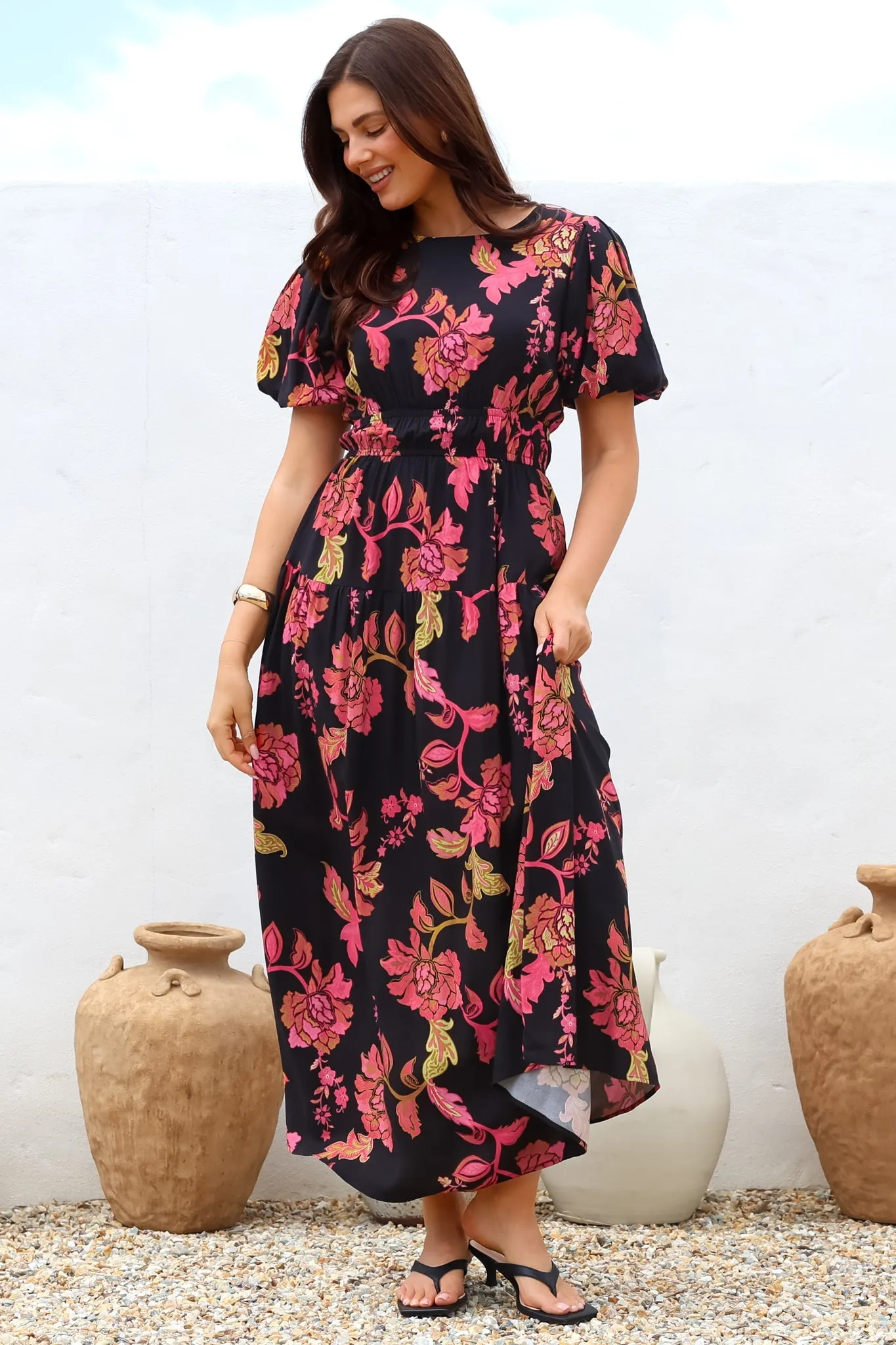 Maeana Maxi Dress - Short Balloon Sleeeve Elasticated Waist A Line Dress in Valerie Print sold by Salty Crush product image thumbnail 4