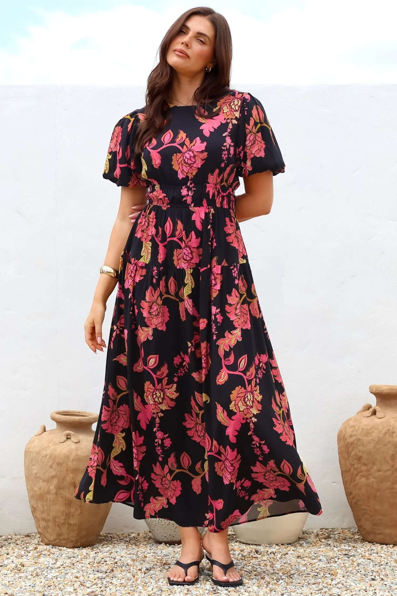 Maeana Maxi Dress - Short Balloon Sleeeve Elasticated Waist A Line Dress in Valerie Print sold by Salty Crush product image thumbnail 2