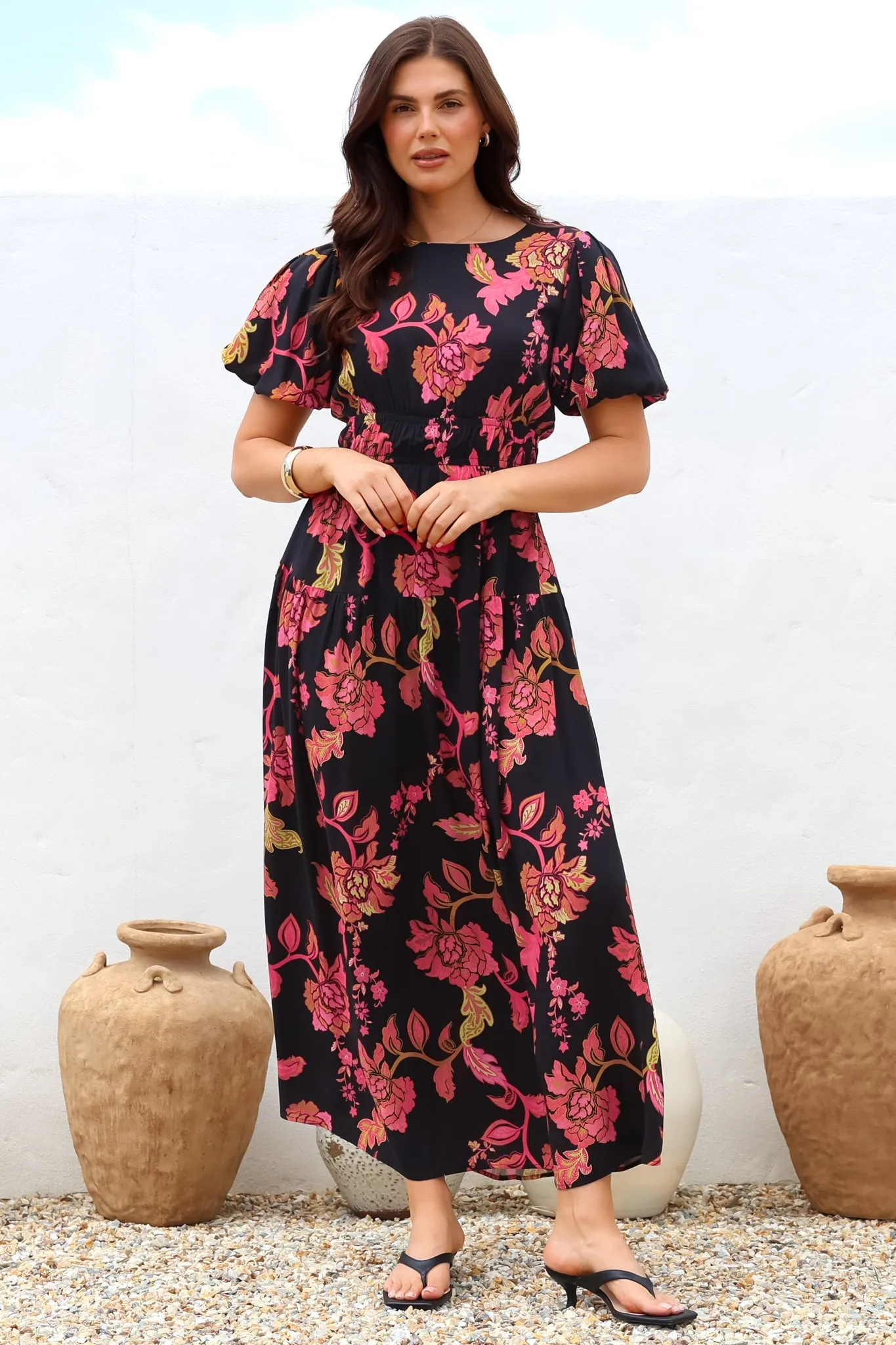 Maeana Maxi Dress - Short Balloon Sleeeve Elasticated Waist A Line Dress in Valerie Print sold by Salty Crush product image thumbnail 3