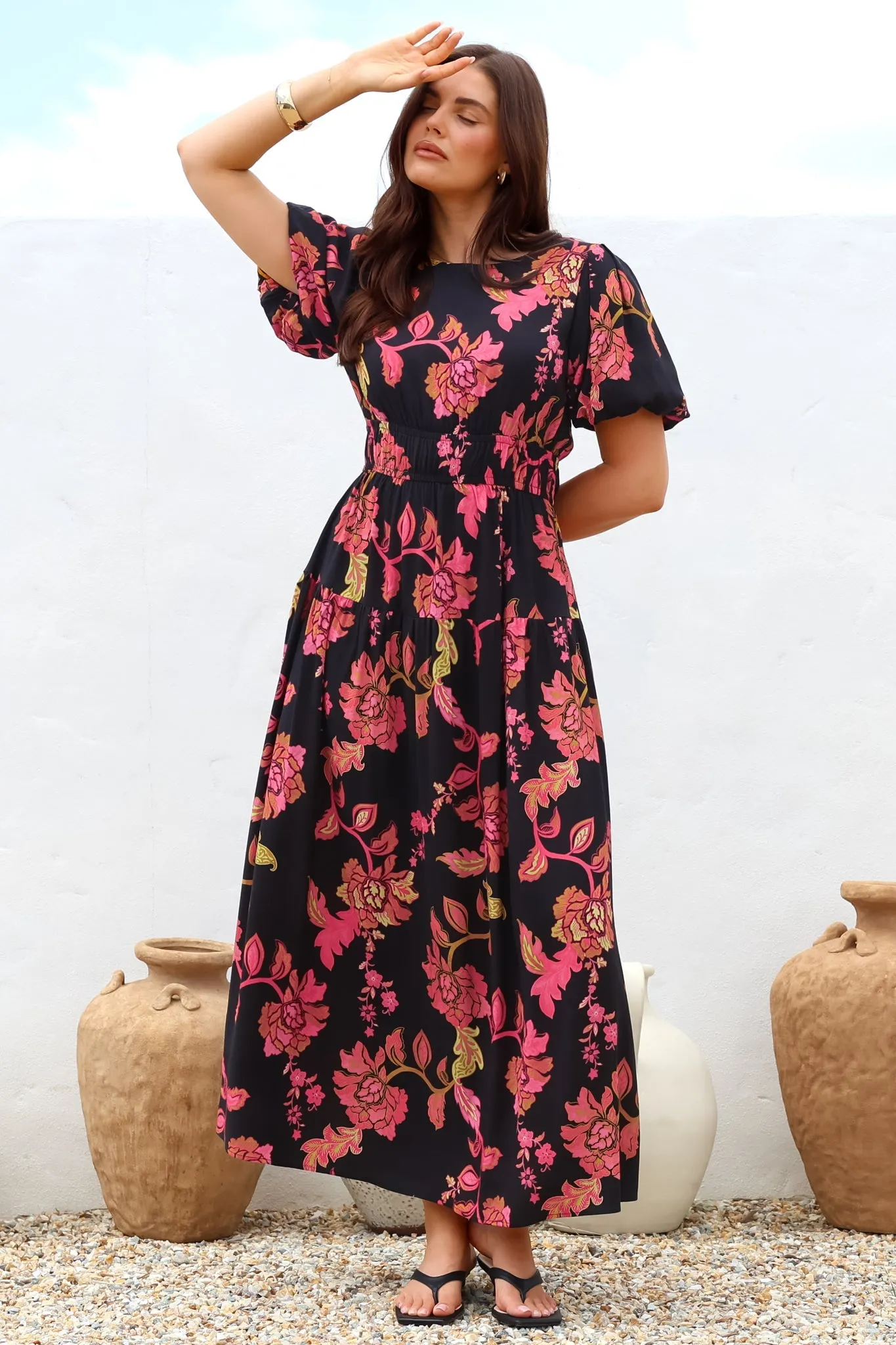 Maeana Maxi Dress - Short Balloon Sleeeve Elasticated Waist A Line Dress in Valerie Print sold by Salty Crush product image thumbnail 5