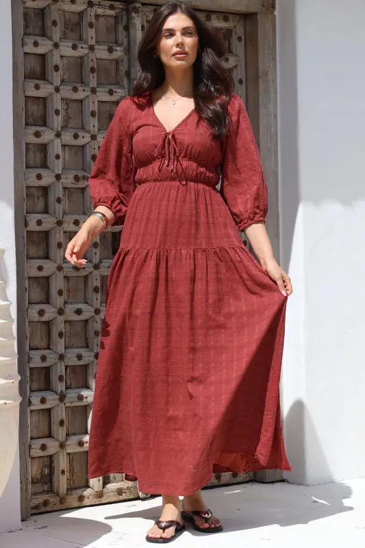 Elise Maxi Dress - Empire Waistline Dress with 3/4 Sleeves in Burgundy sold by Salty Crush