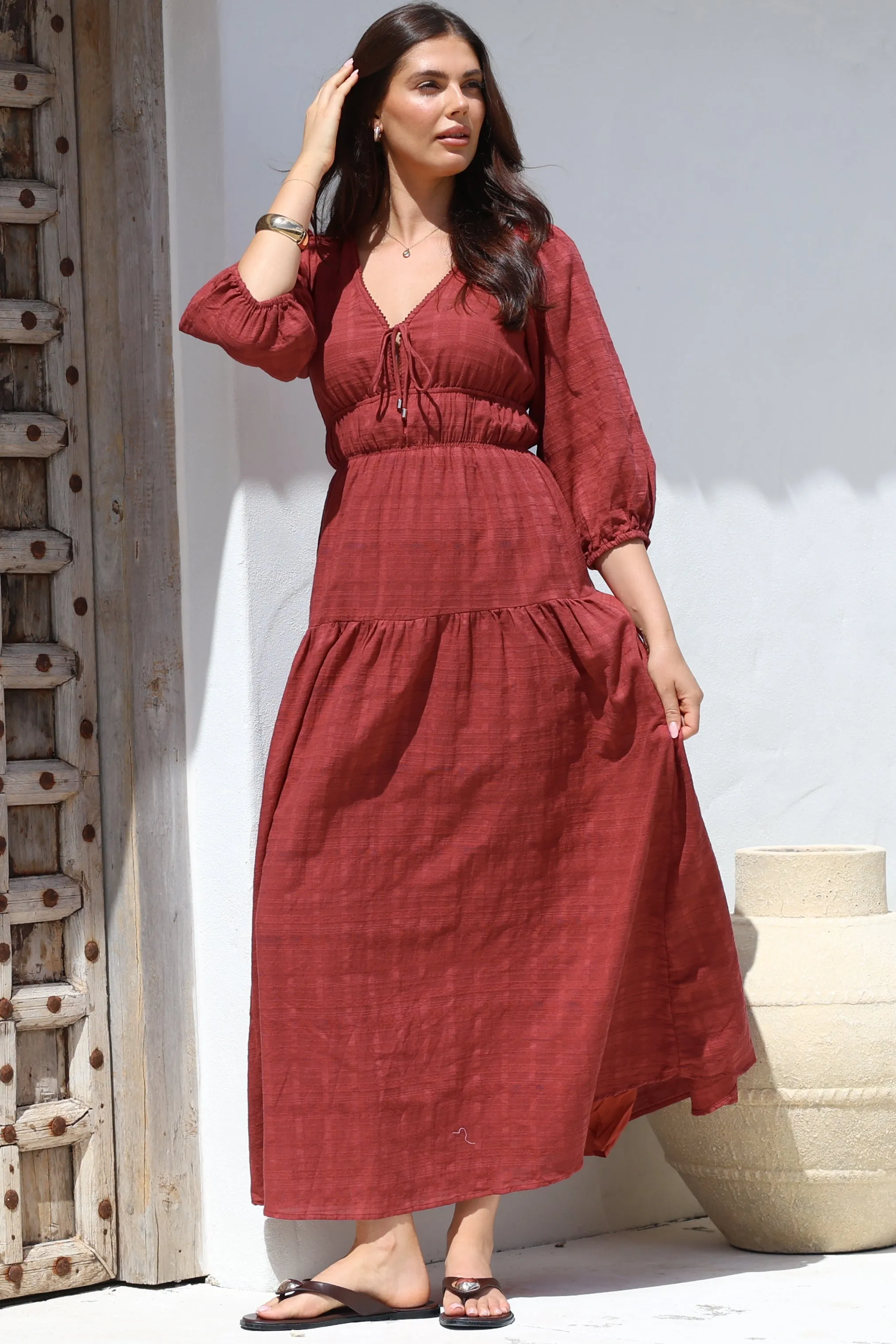 Elise Maxi Dress - Empire Waistline Dress with 3/4 Sleeves in Burgundy sold by Salty Crush product image thumbnail 5