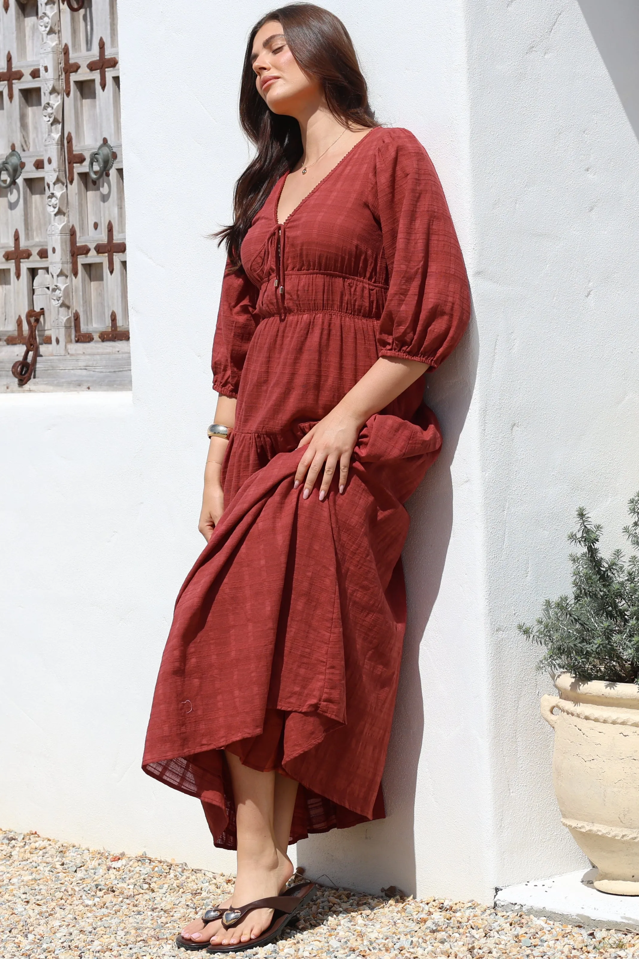 Elise Maxi Dress - Empire Waistline Dress with 3/4 Sleeves in Burgundy sold by Salty Crush product image thumbnail 2