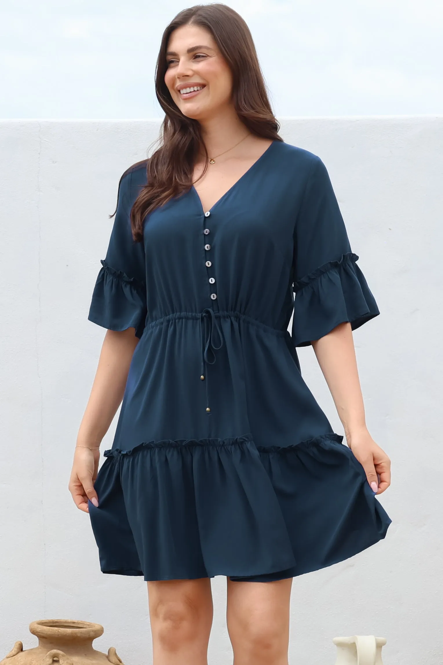 Kyra Mini Dress - Tiered V-Neck Dress with Pull Tie Waist in Blue sold by Salty Crush product image thumbnail 5