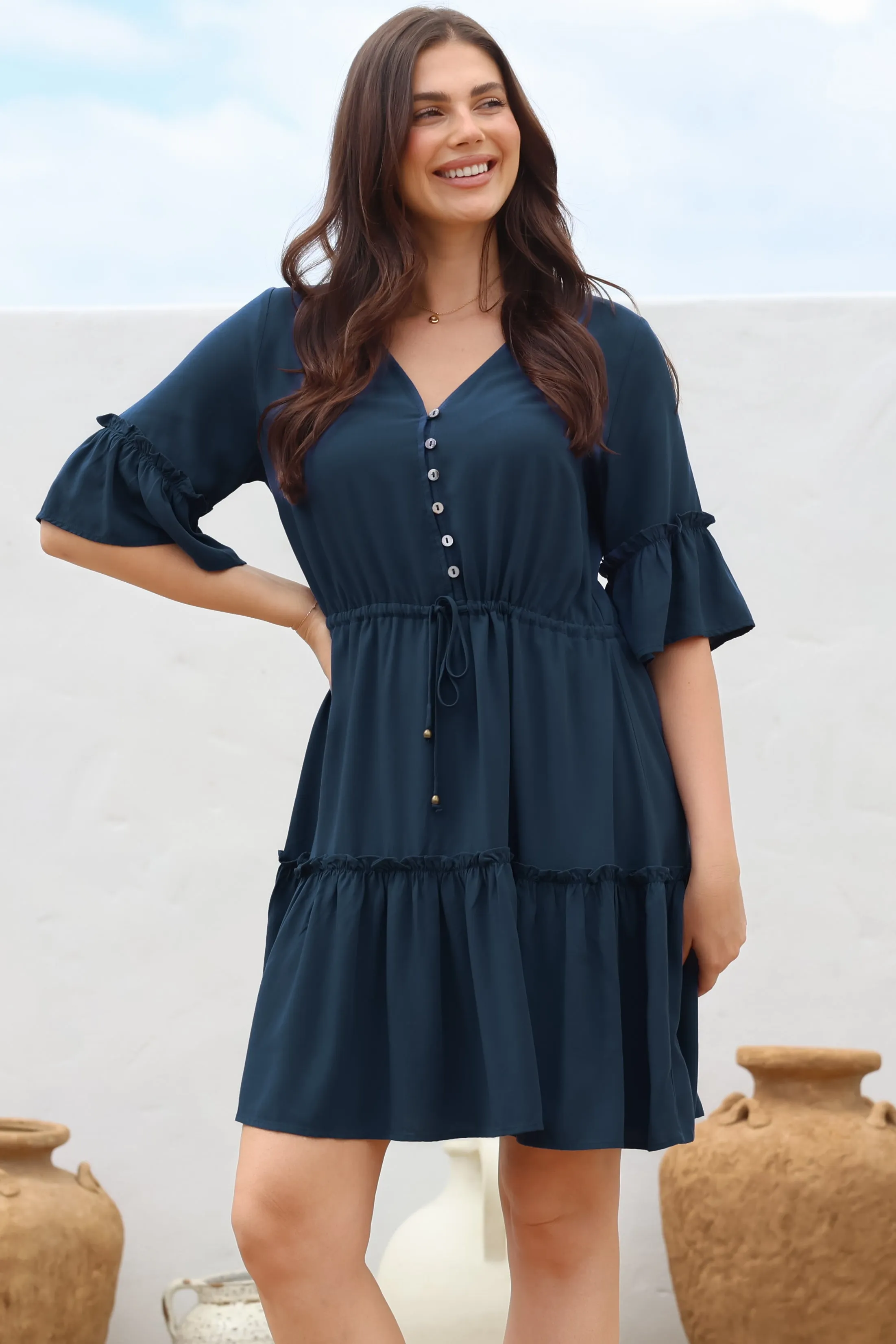 Kyra Mini Dress - Tiered V-Neck Dress with Pull Tie Waist in Blue sold by Salty Crush product image thumbnail 2