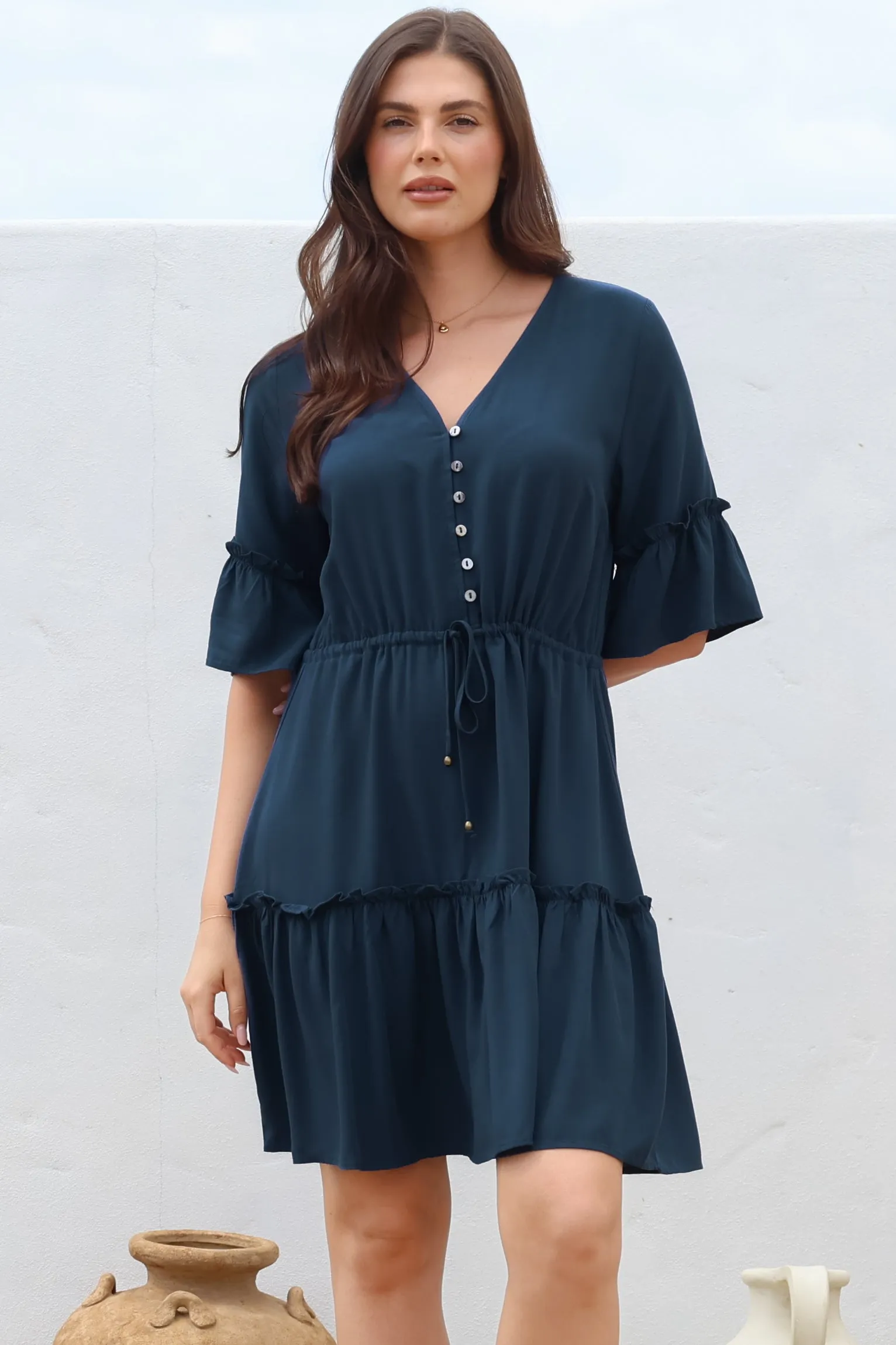 Kyra Mini Dress - Tiered V-Neck Dress with Pull Tie Waist in Blue sold by Salty Crush product image thumbnail 4