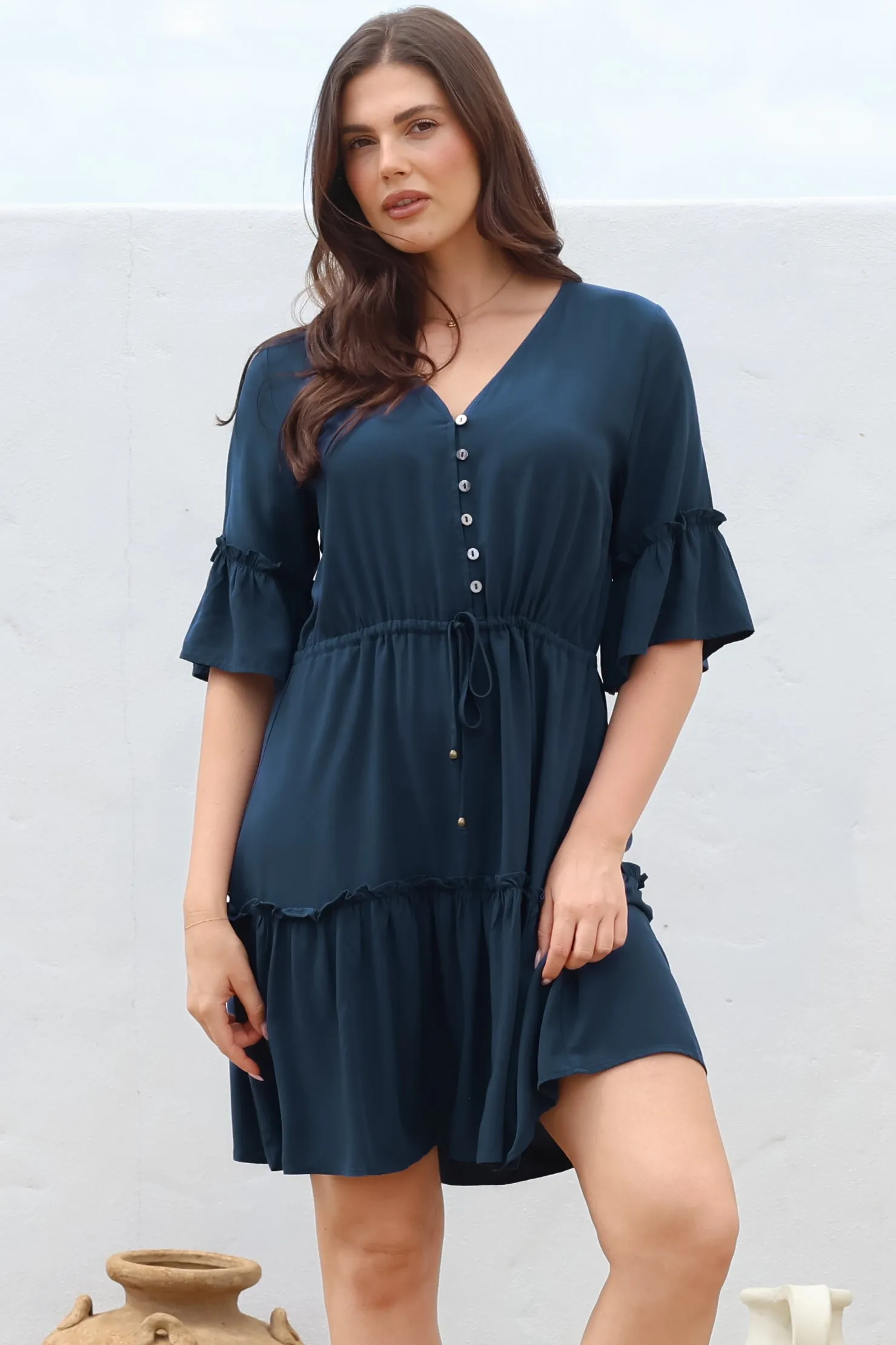 Kyra Mini Dress - Tiered V-Neck Dress with Pull Tie Waist in Blue sold by Salty Crush