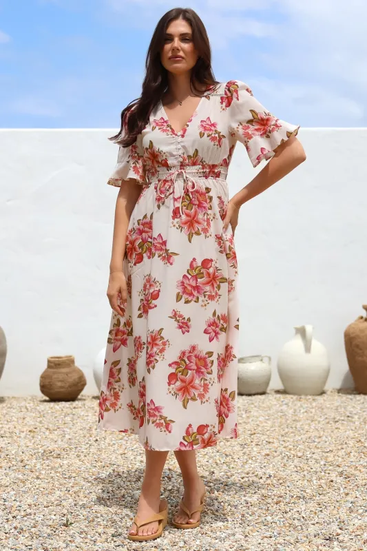 Vinnie Midi Dress - V-Neck Dress with Short Flutter Sleeves in Rosita Print sold by Salty Crush