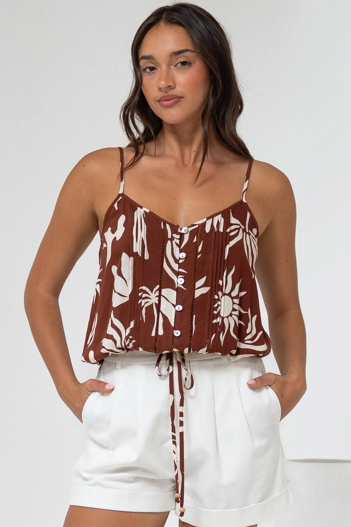 Jade Crop Top - V-Neck Button Down Pull Tie Waist Crop in Stassie Print Brown sold by Salty Crush product image thumbnail 4