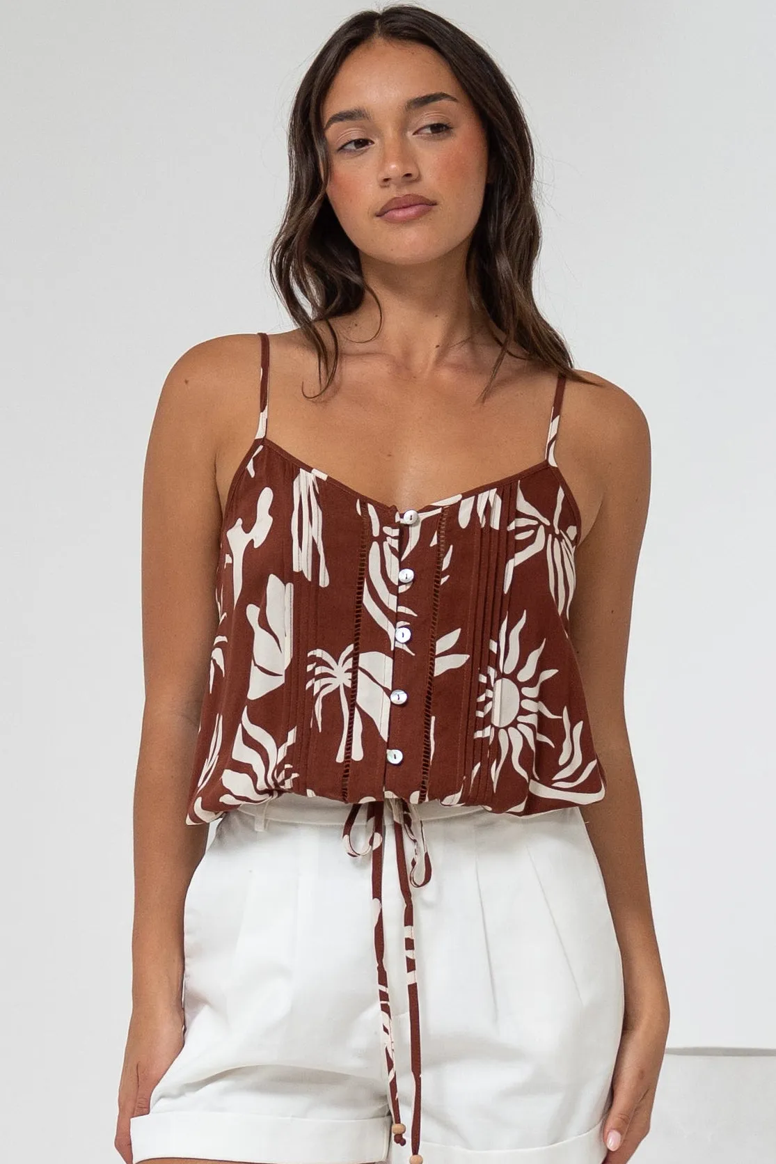 Jade Crop Top - V-Neck Button Down Pull Tie Waist Crop in Stassie Print Brown sold by Salty Crush product image thumbnail 2