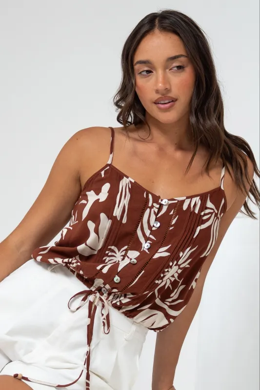 Jade Crop Top - V-Neck Button Down Pull Tie Waist Crop in Stassie Print Brown sold by Salty Crush