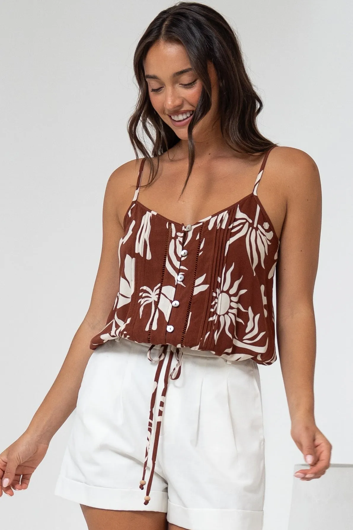 Jade Crop Top - V-Neck Button Down Pull Tie Waist Crop in Stassie Print Brown sold by Salty Crush product image thumbnail 3